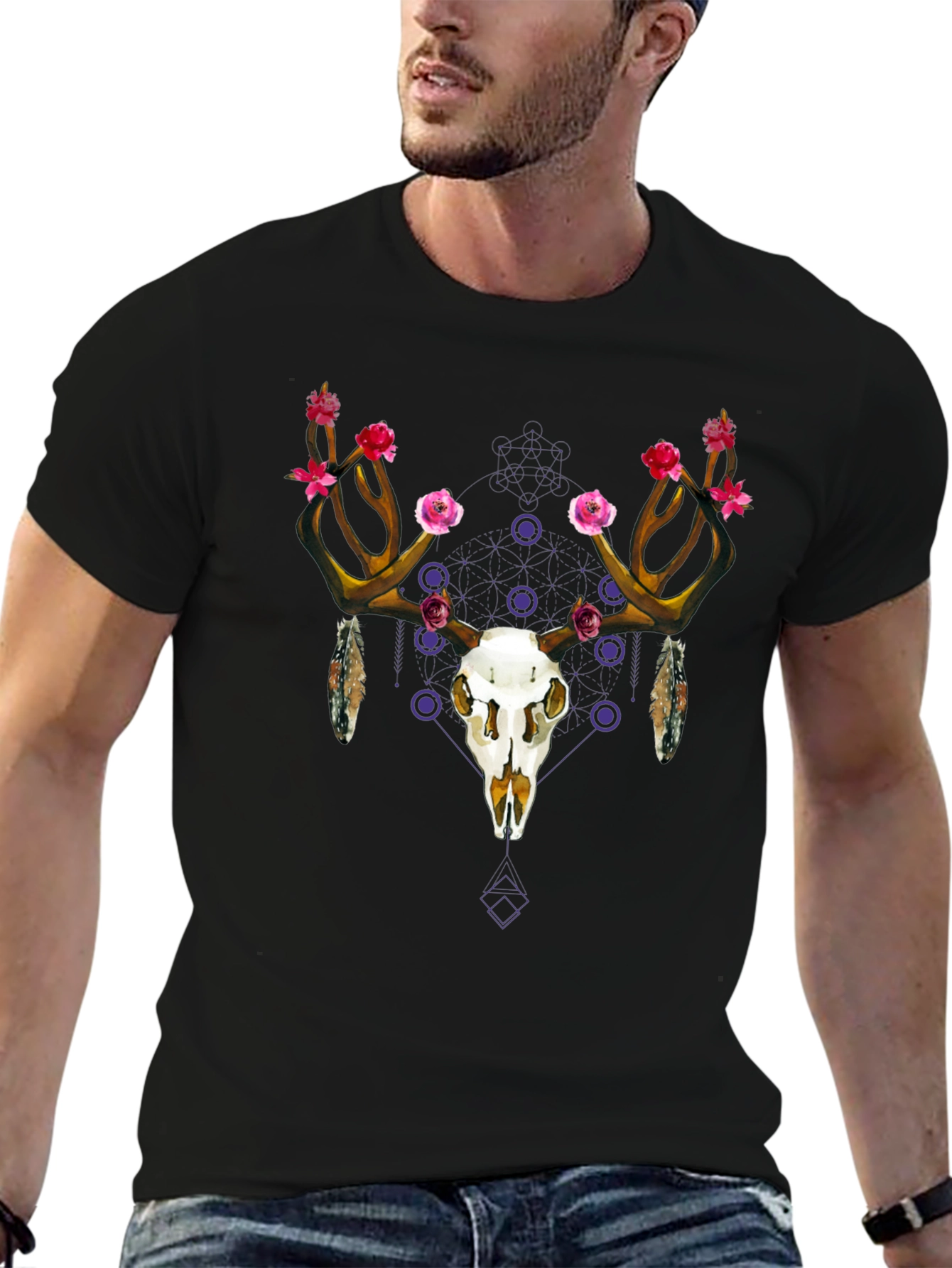 Floral Deer Skull Graphic Tee - Black Cotton