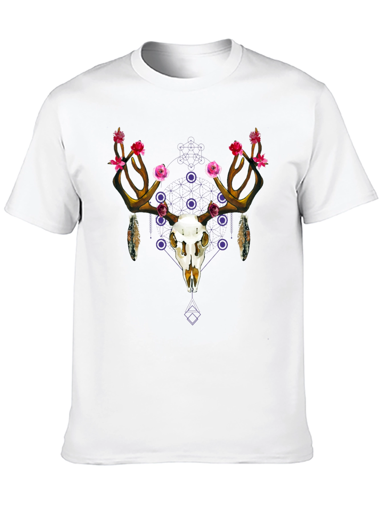 Floral Deer Skull Graphic Tee - Black Cotton