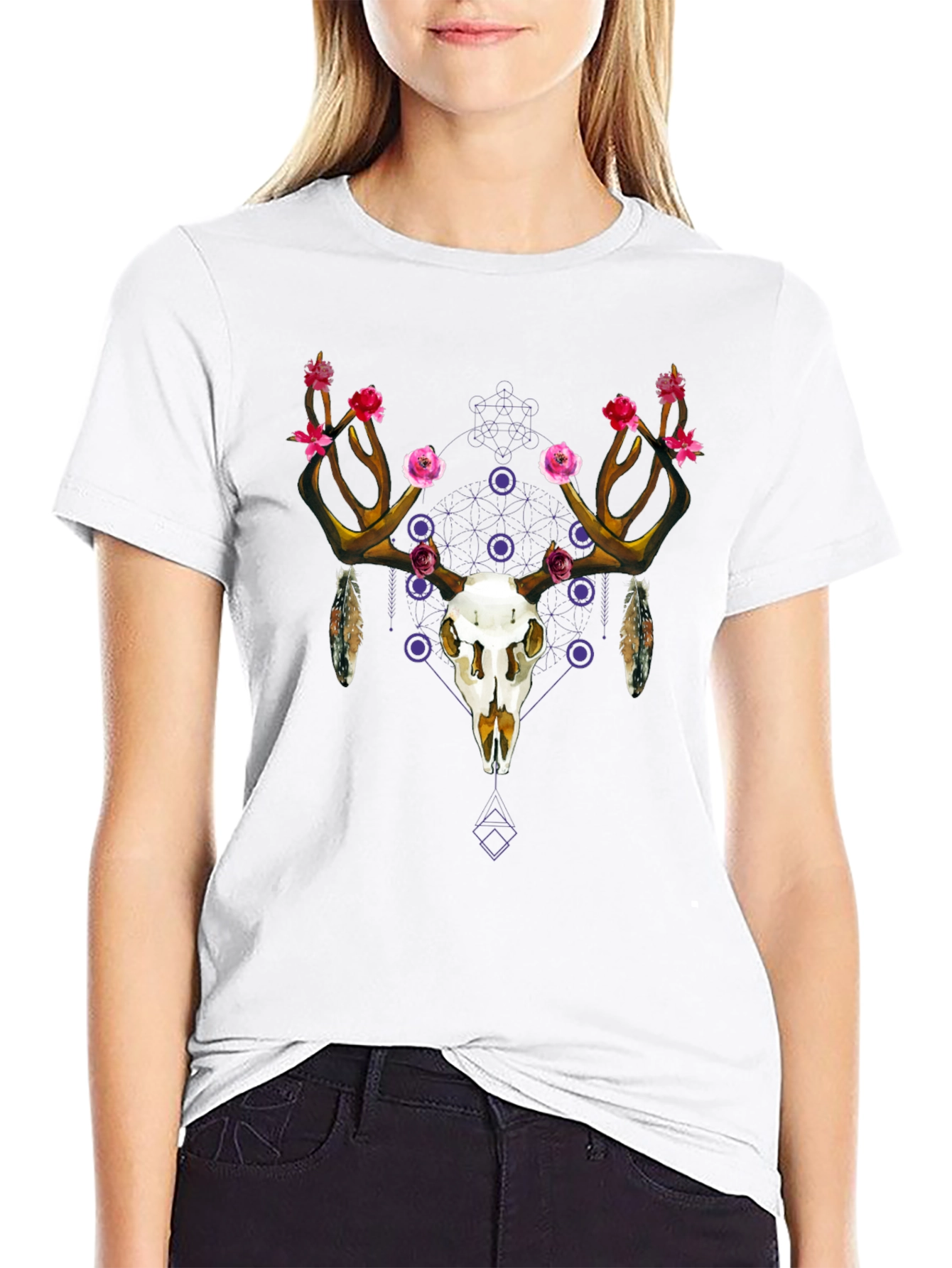 Floral Deer Skull Graphic Tee - Black Cotton
