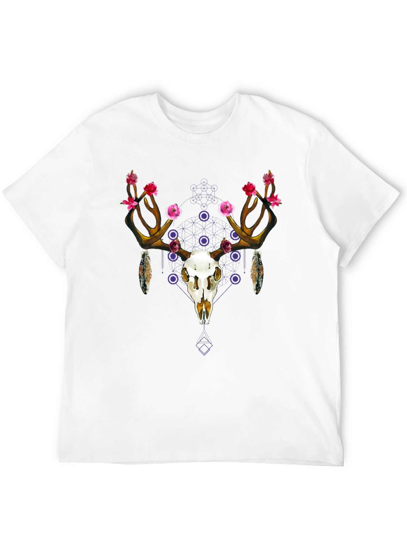 Floral Deer Skull Graphic Tee - Black Cotton