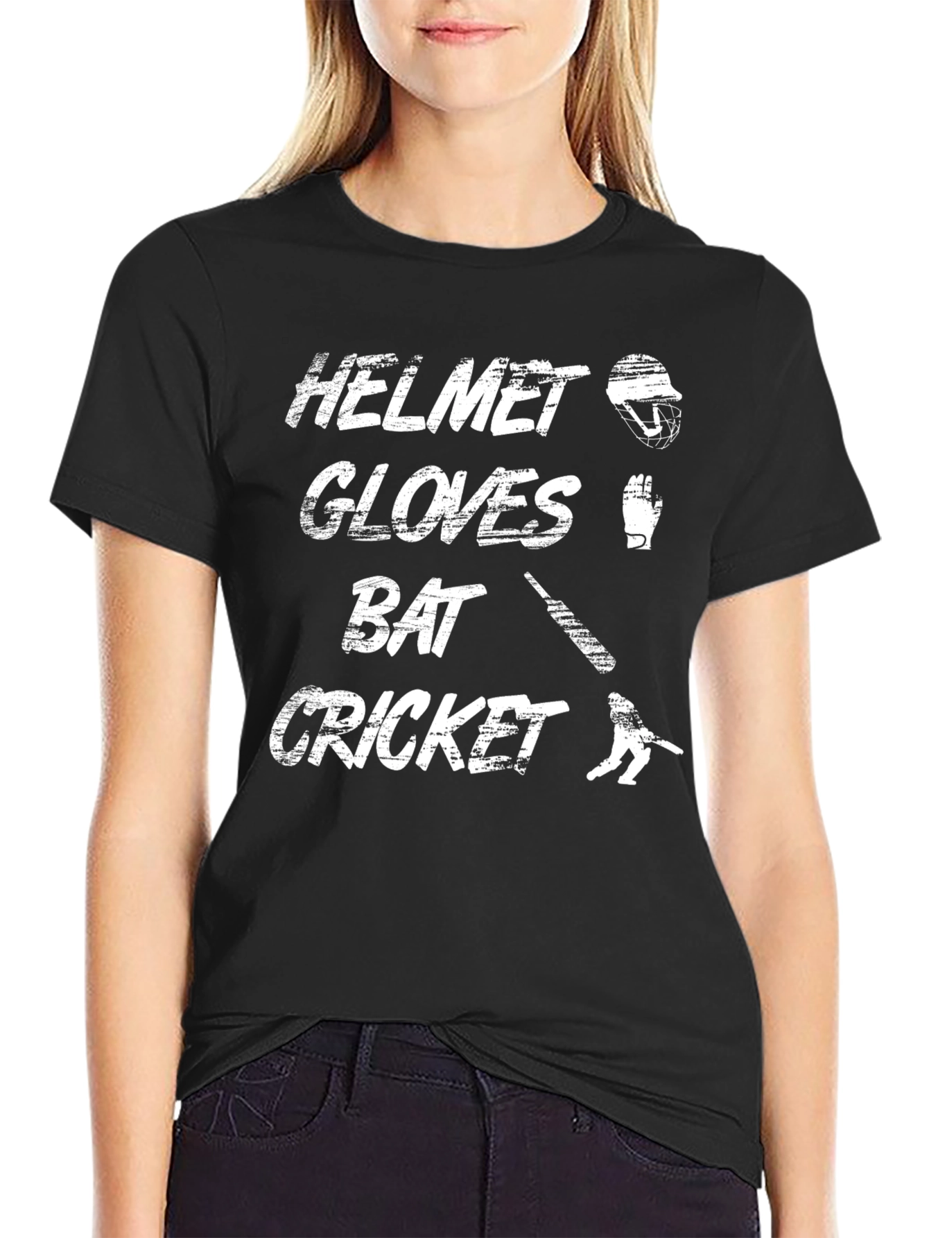 Cricket Helmet Gloves Bat Black T-Shirt