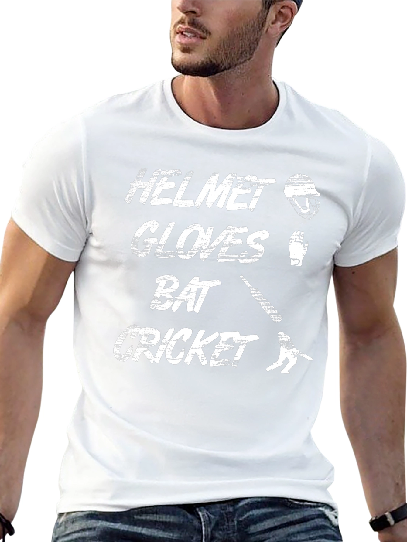Cricket Helmet Gloves Bat Black T-Shirt