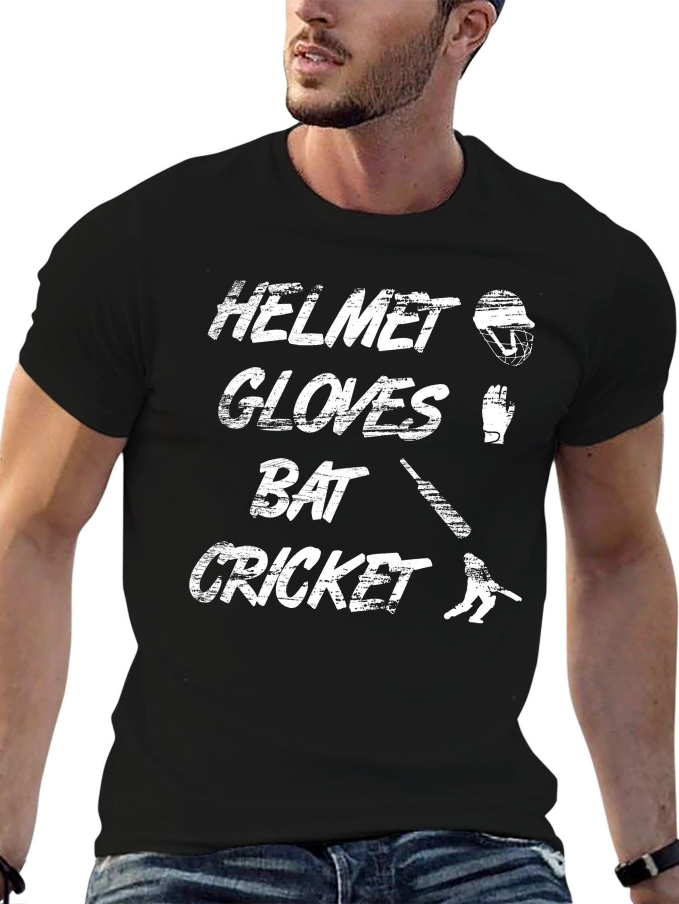 Cricket Helmet Gloves Bat Black T-Shirt
