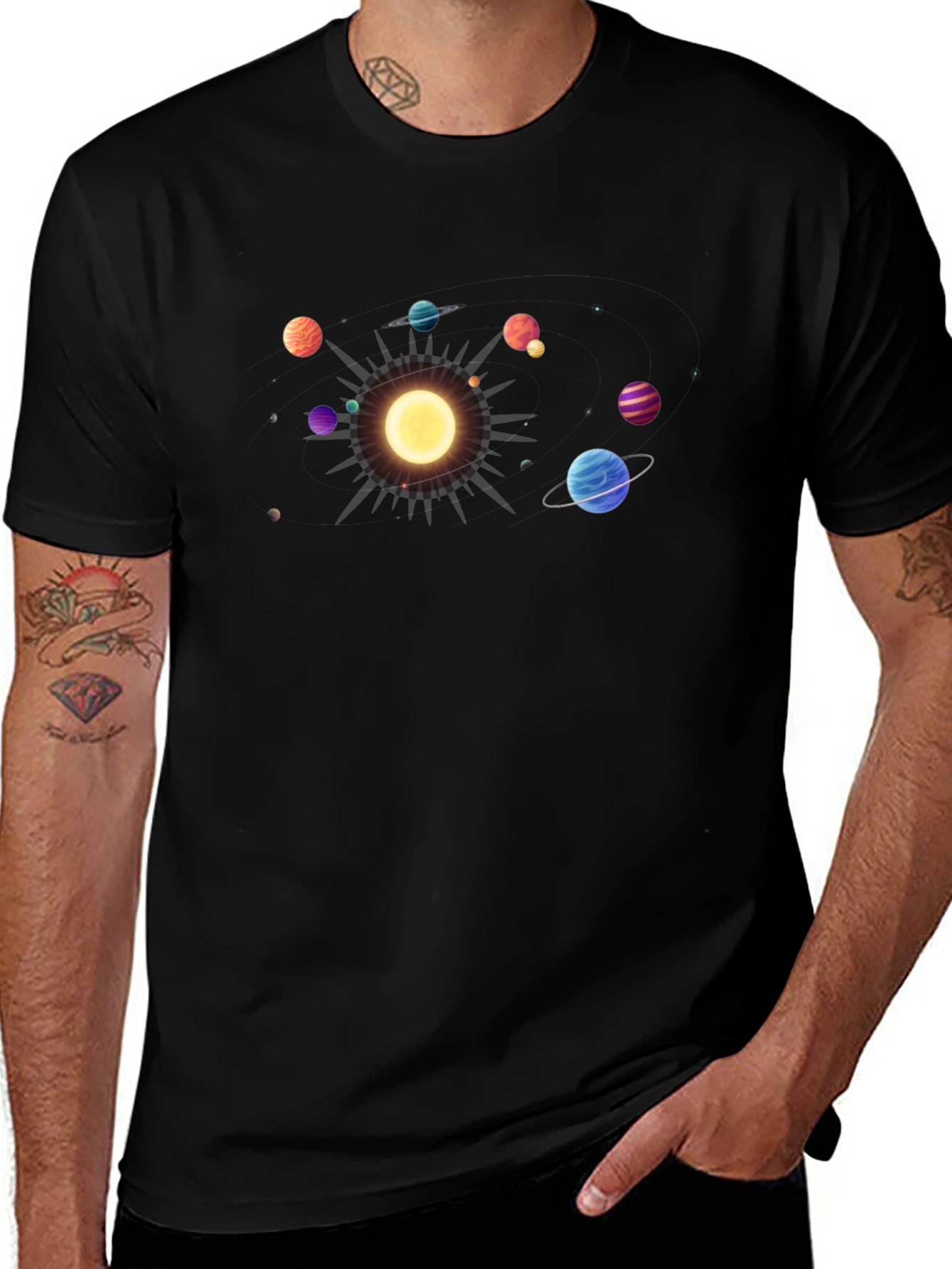 Solar System Graphic Tee - Black Cotton Casual Shirt