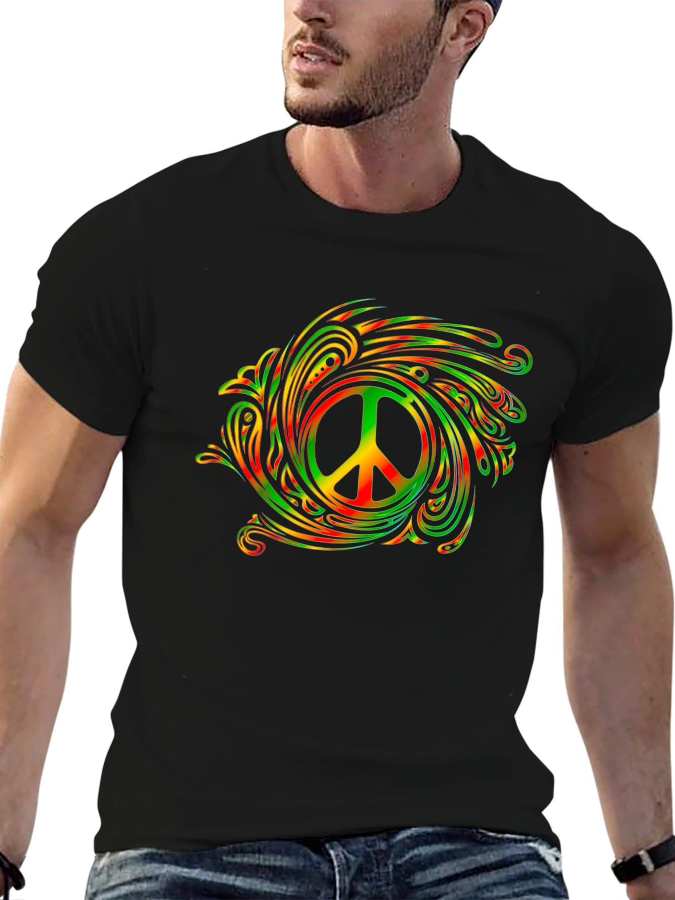 Rasta Peace Sign Graphic Tee - Mens Black T-Shirt