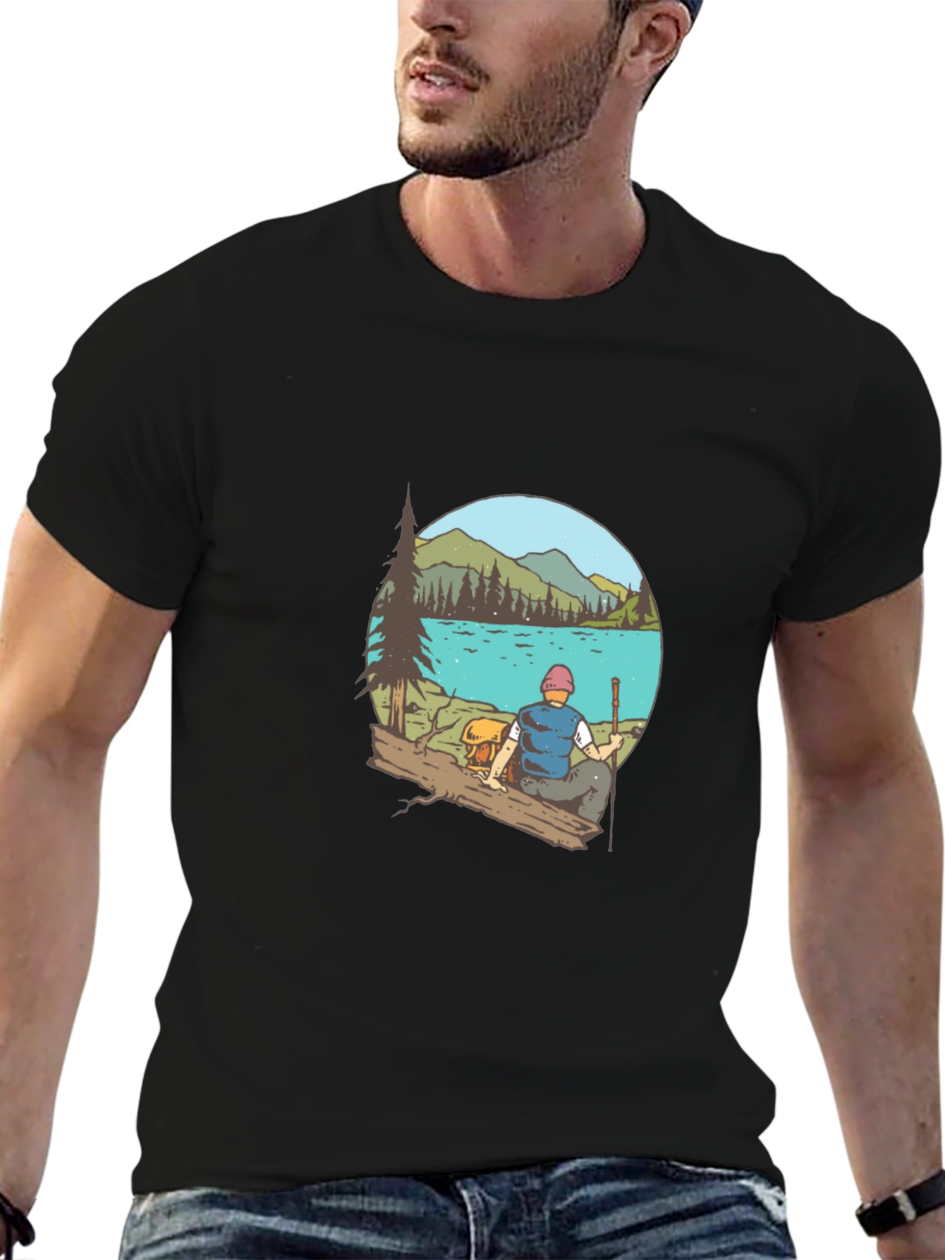 Mens Black T-Shirt with Lake Scene Print