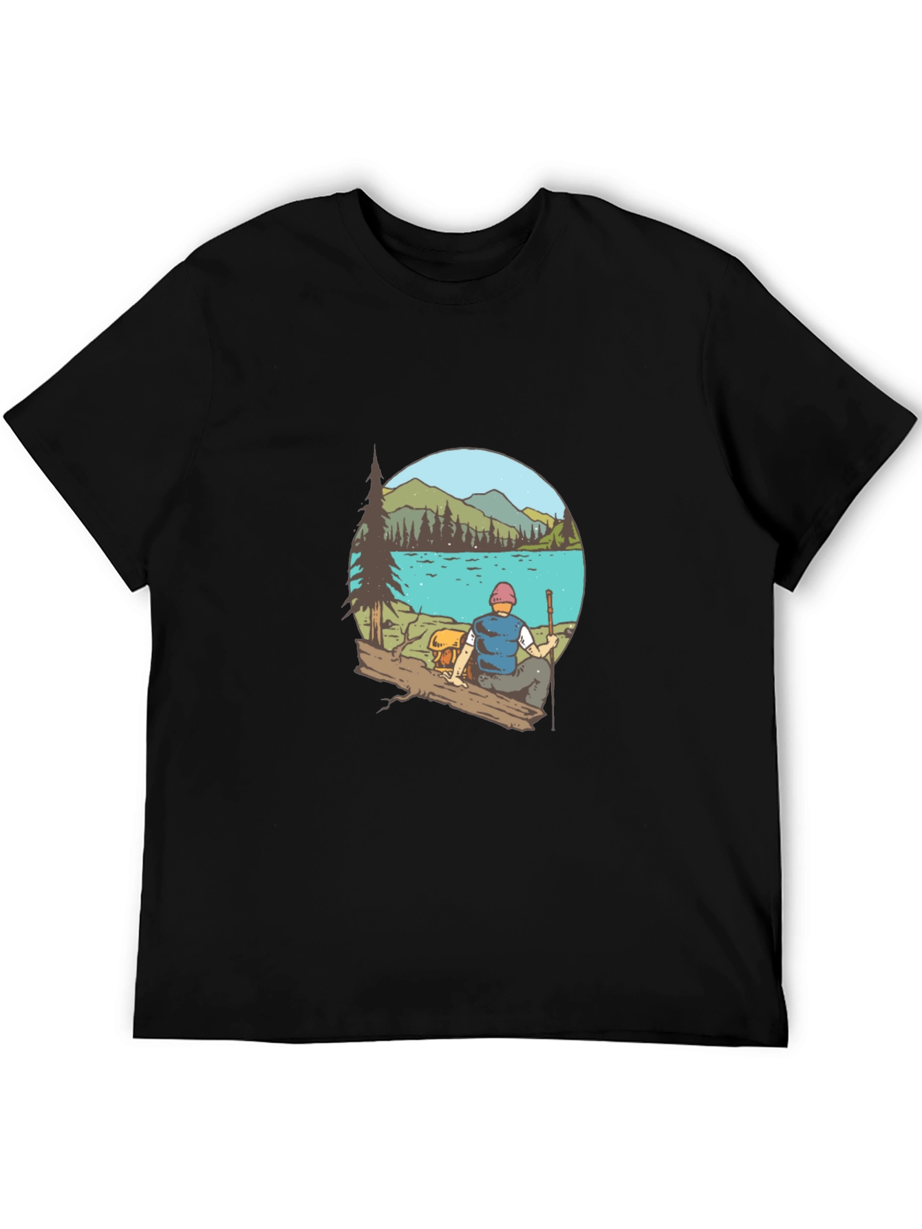 Mens Black T-Shirt with Lake Scene Print