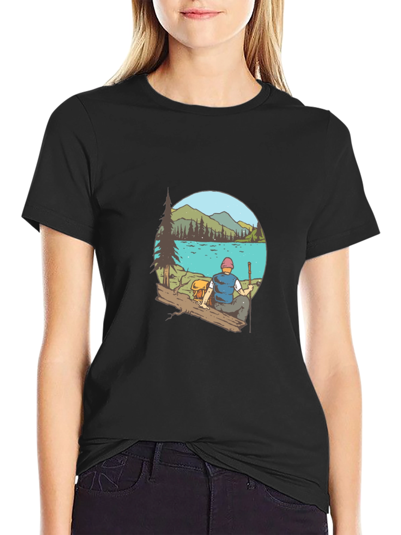 Mens Black T-Shirt with Lake Scene Print