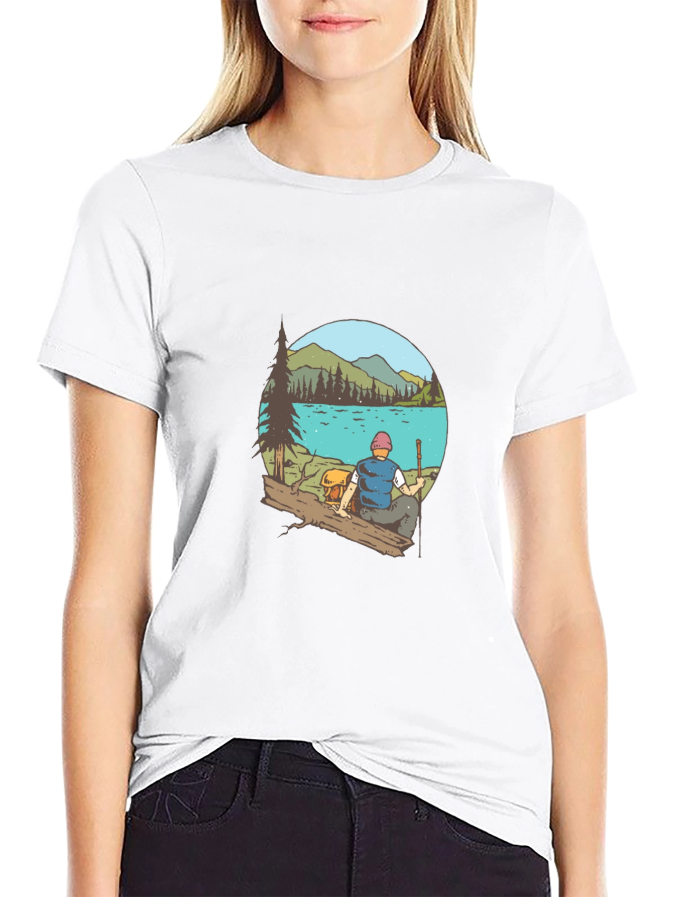 Mens Black T-Shirt with Lake Scene Print