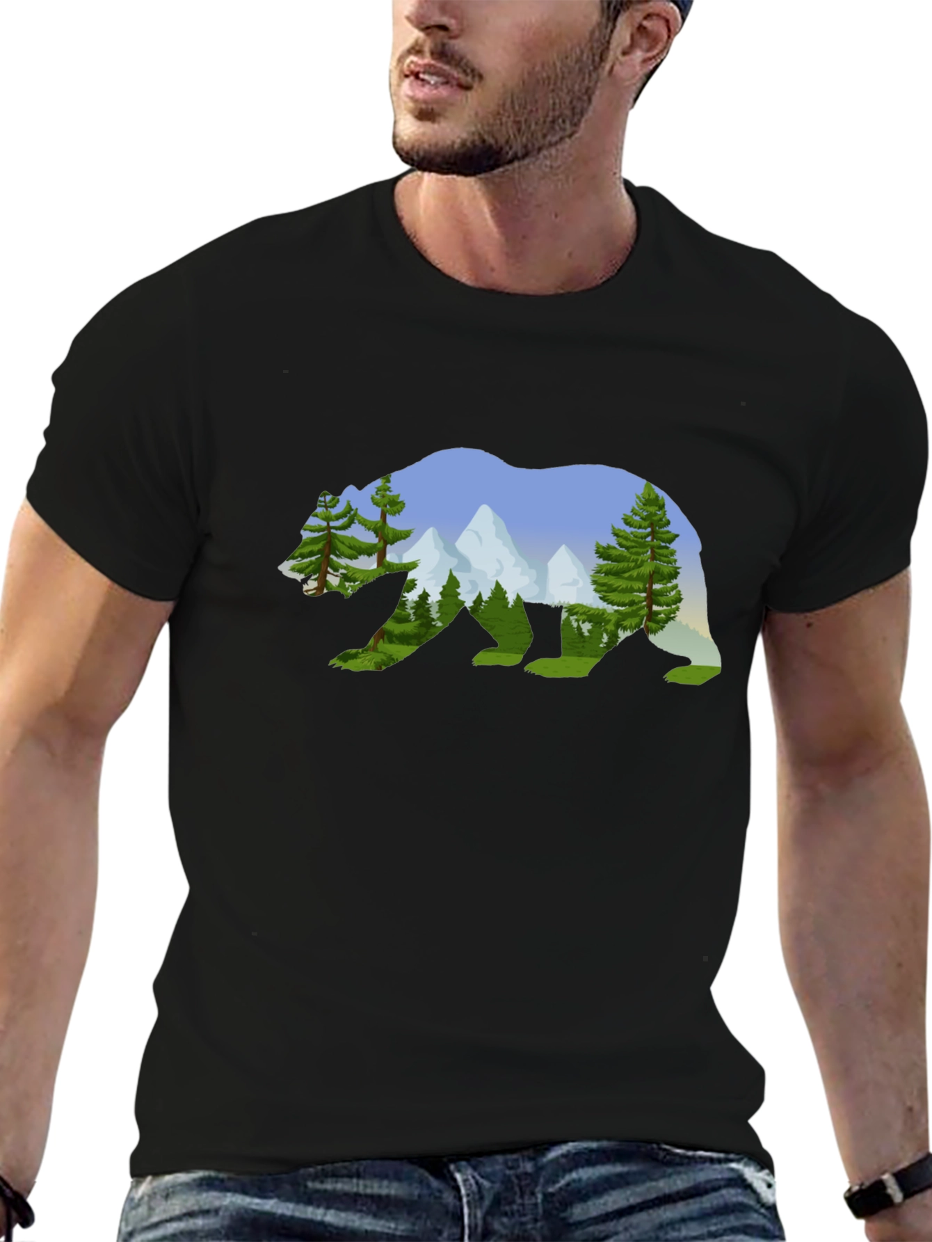 Nature Bear Graphic Tee - Black Cotton Shirt