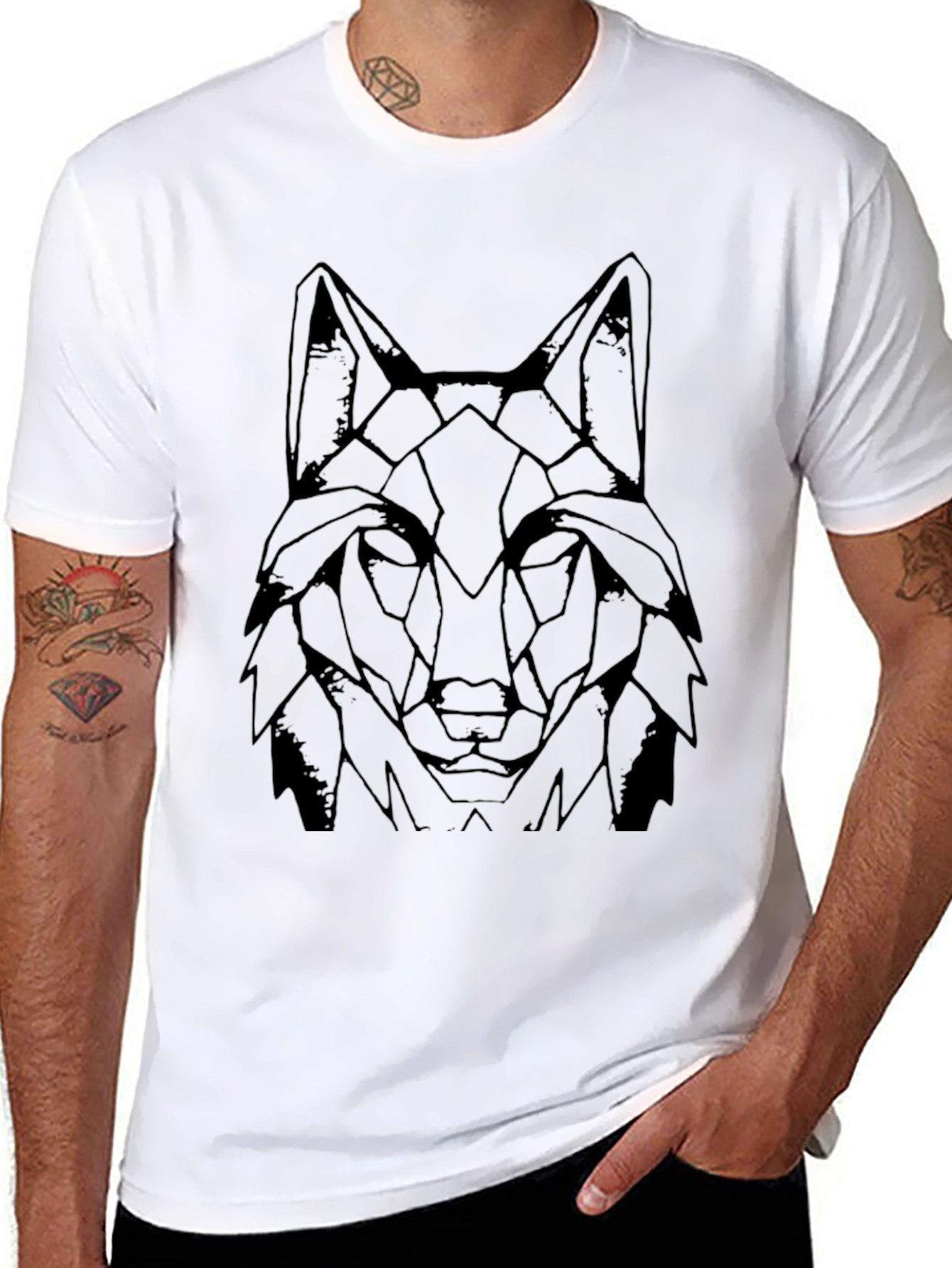 Geometric Wolf Graphic Print Tee - Modern Black T-Shirt