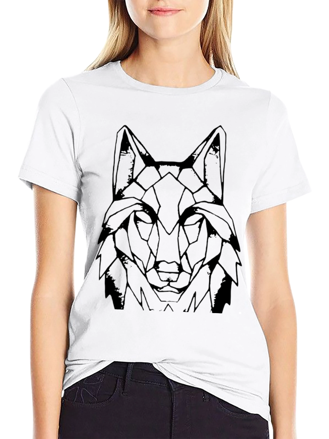 Geometric Wolf Graphic Print Tee - Modern Black T-Shirt
