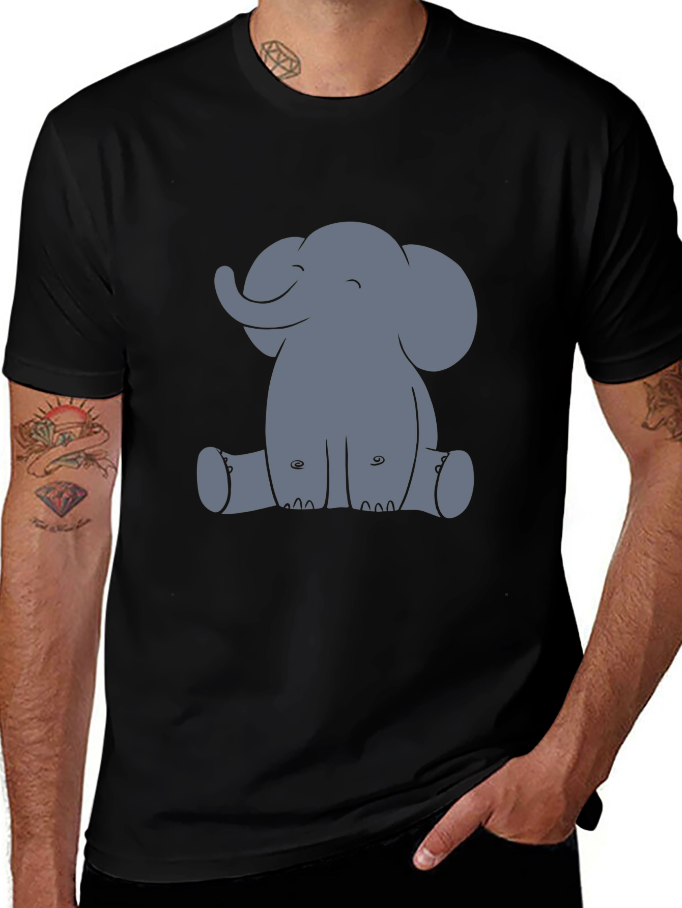 Cute Elephant Graphic Tee - Black Cotton T-Shirt