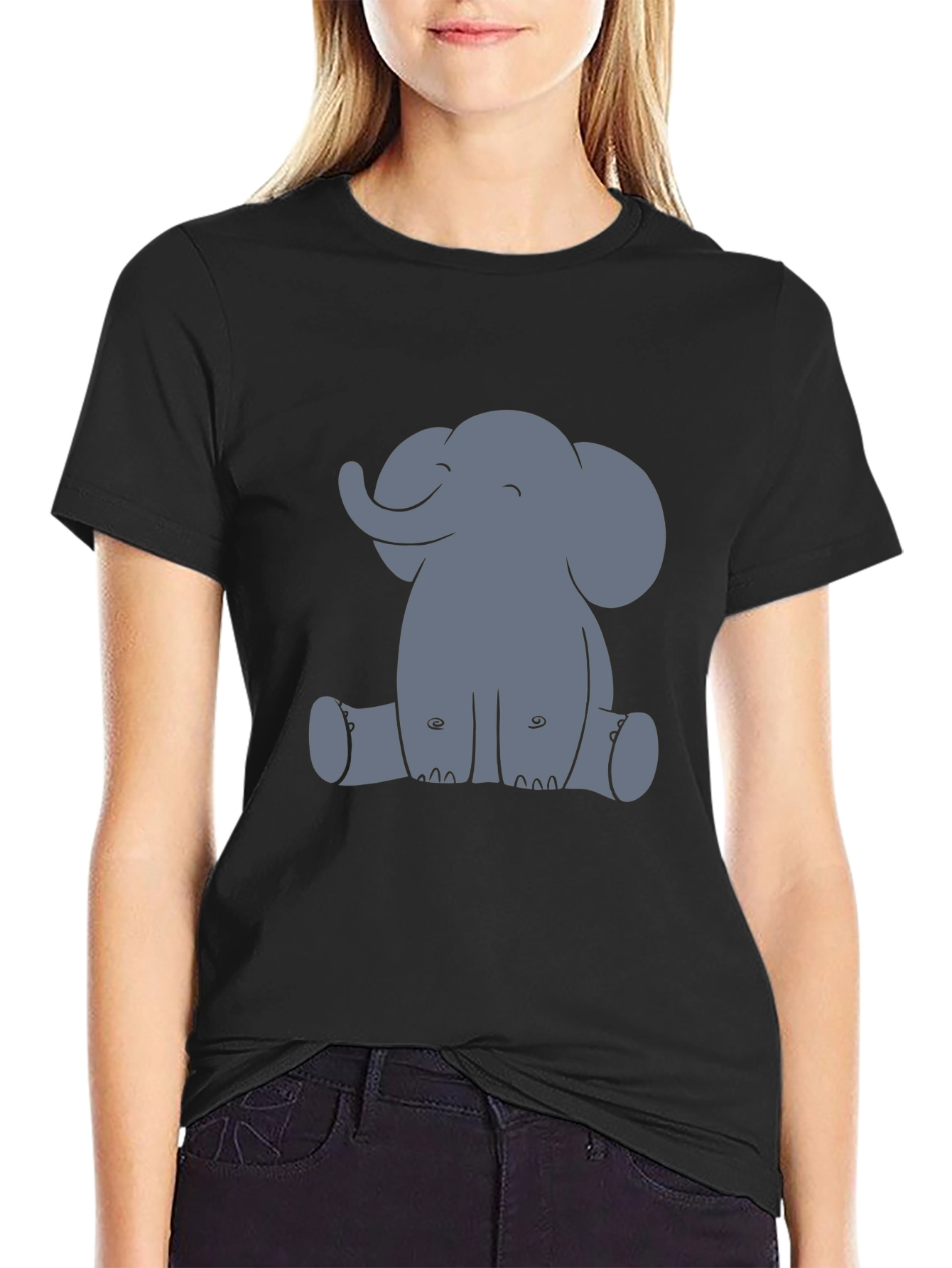Cute Elephant Graphic Tee - Black Cotton T-Shirt