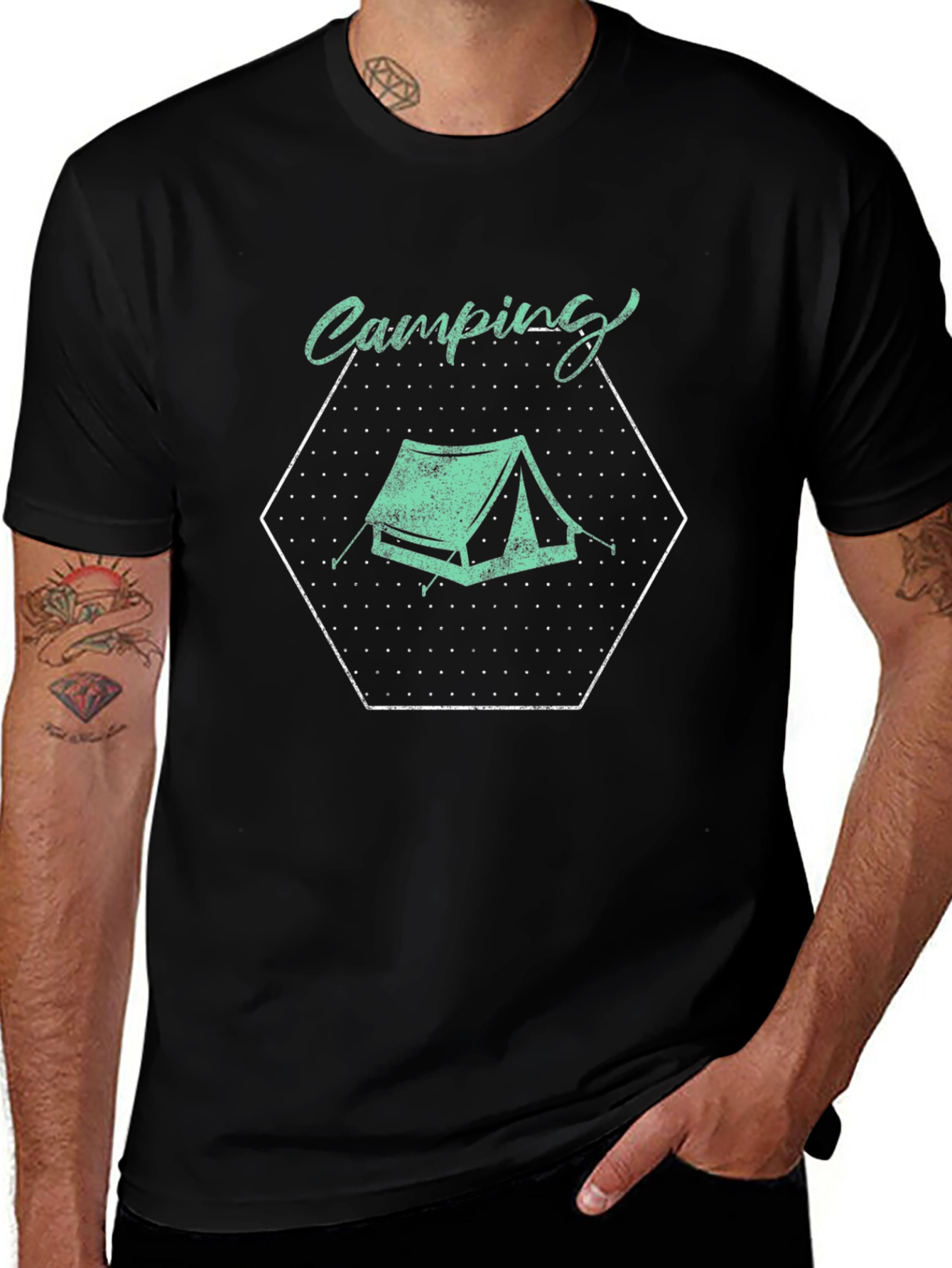 Camping Tent Graphic Tee - Black Cotton T-Shirt