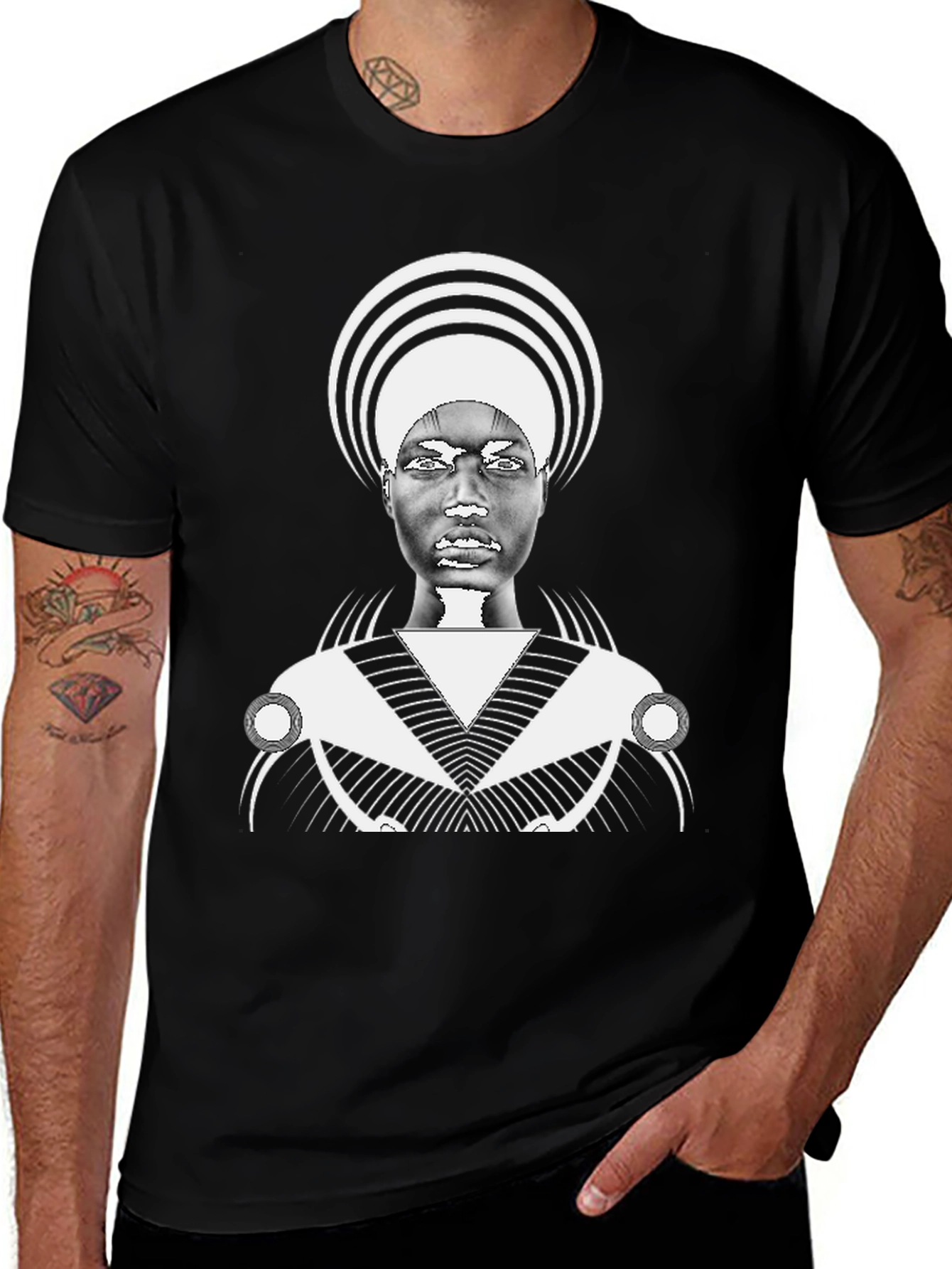 Graphic Black Tee with Bold Afro-Futuristic Design