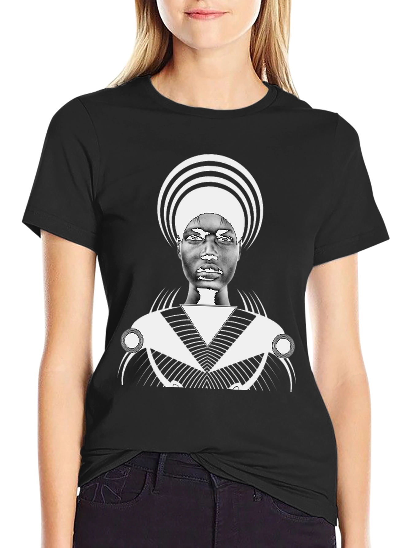 Graphic Black Tee with Bold Afro-Futuristic Design