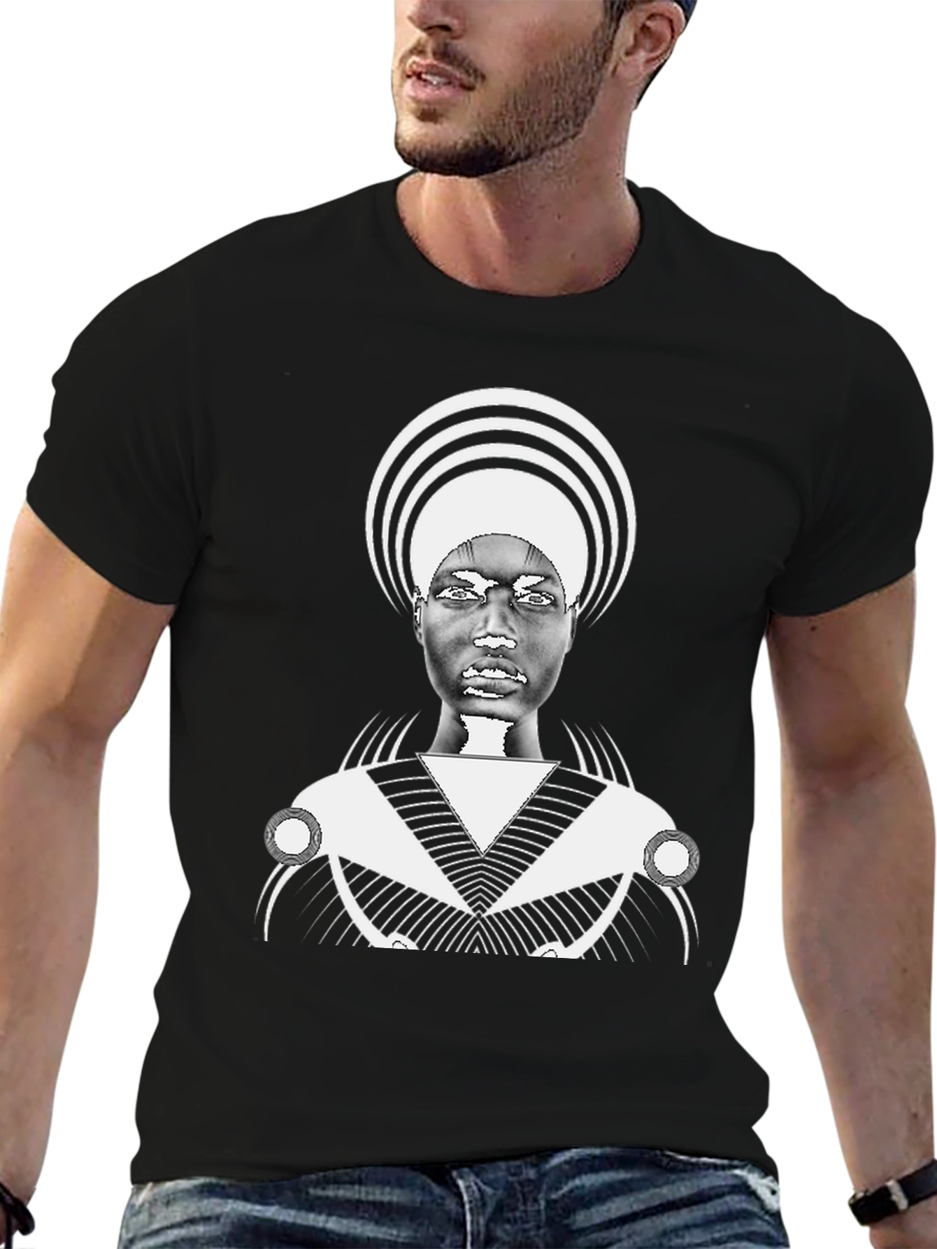 Graphic Black Tee with Bold Afro-Futuristic Design