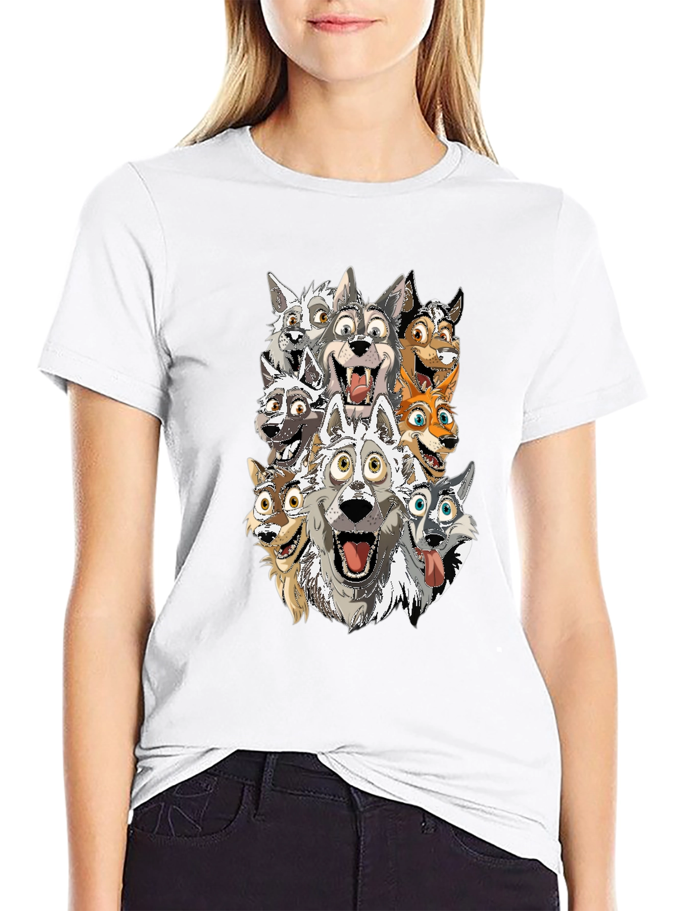 Cartoon Wolf Pack T-Shirt - Black Cotton Tee
