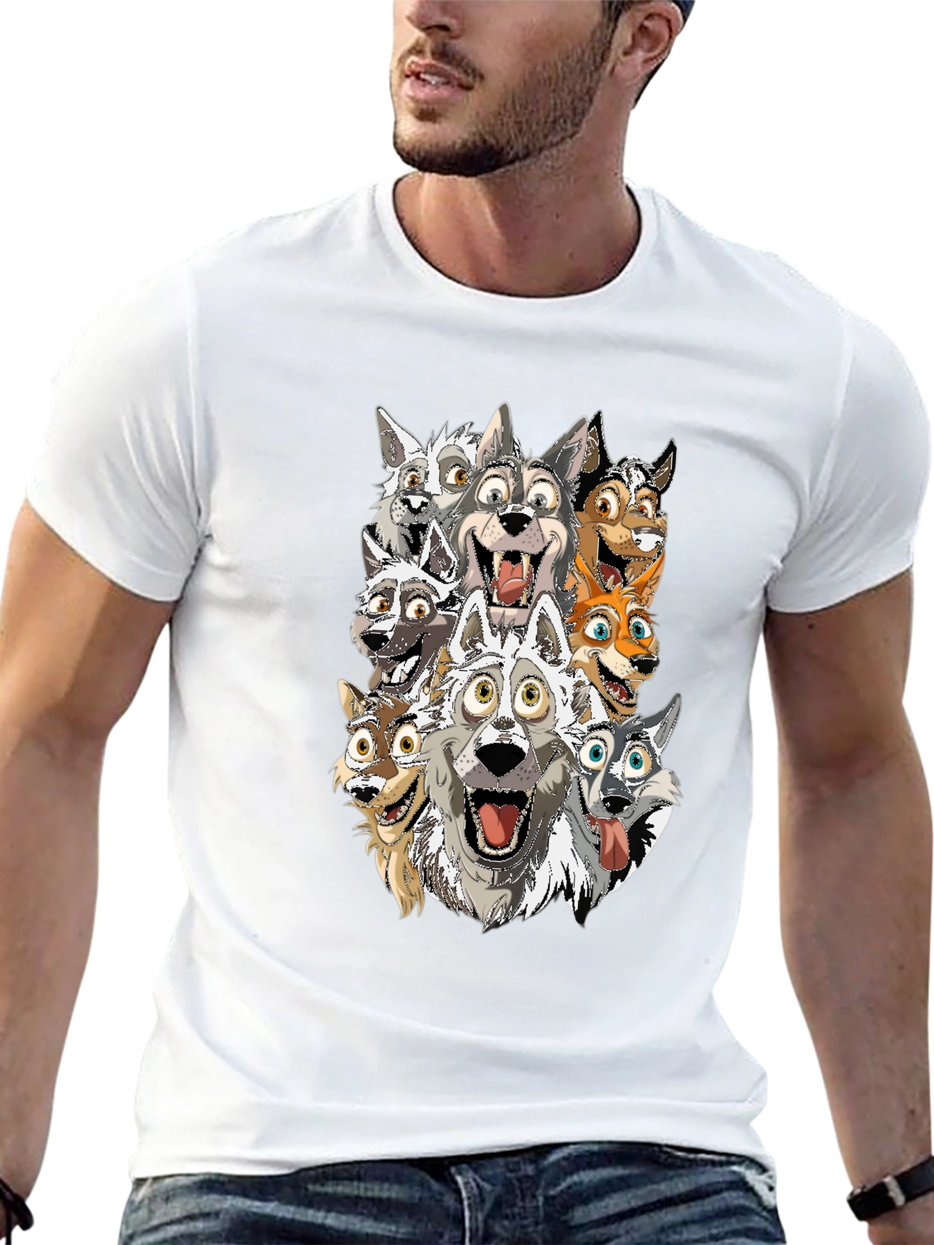 Cartoon Wolf Pack T-Shirt - Black Cotton Tee