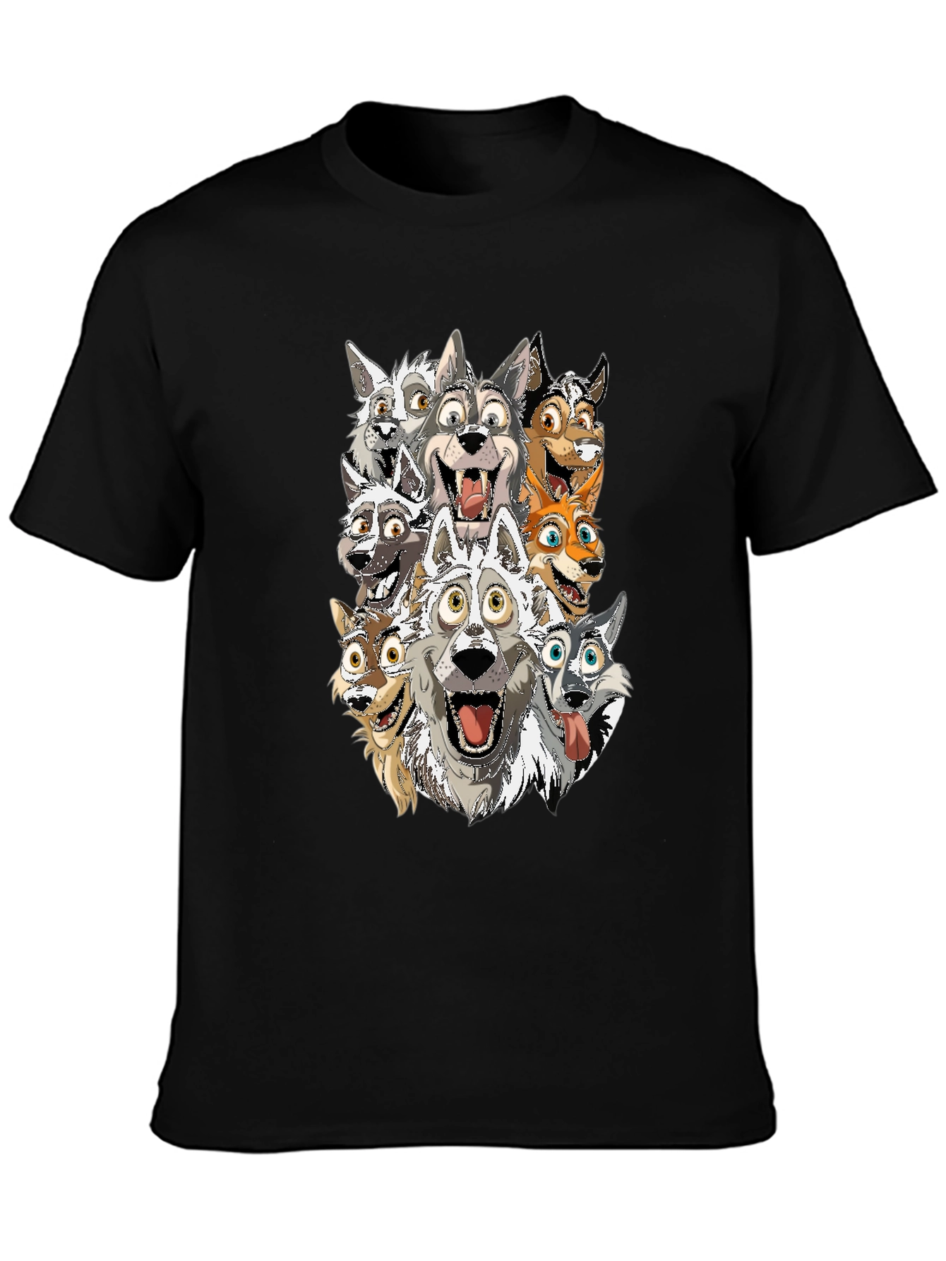 Cartoon Wolf Pack T-Shirt - Black Cotton Tee