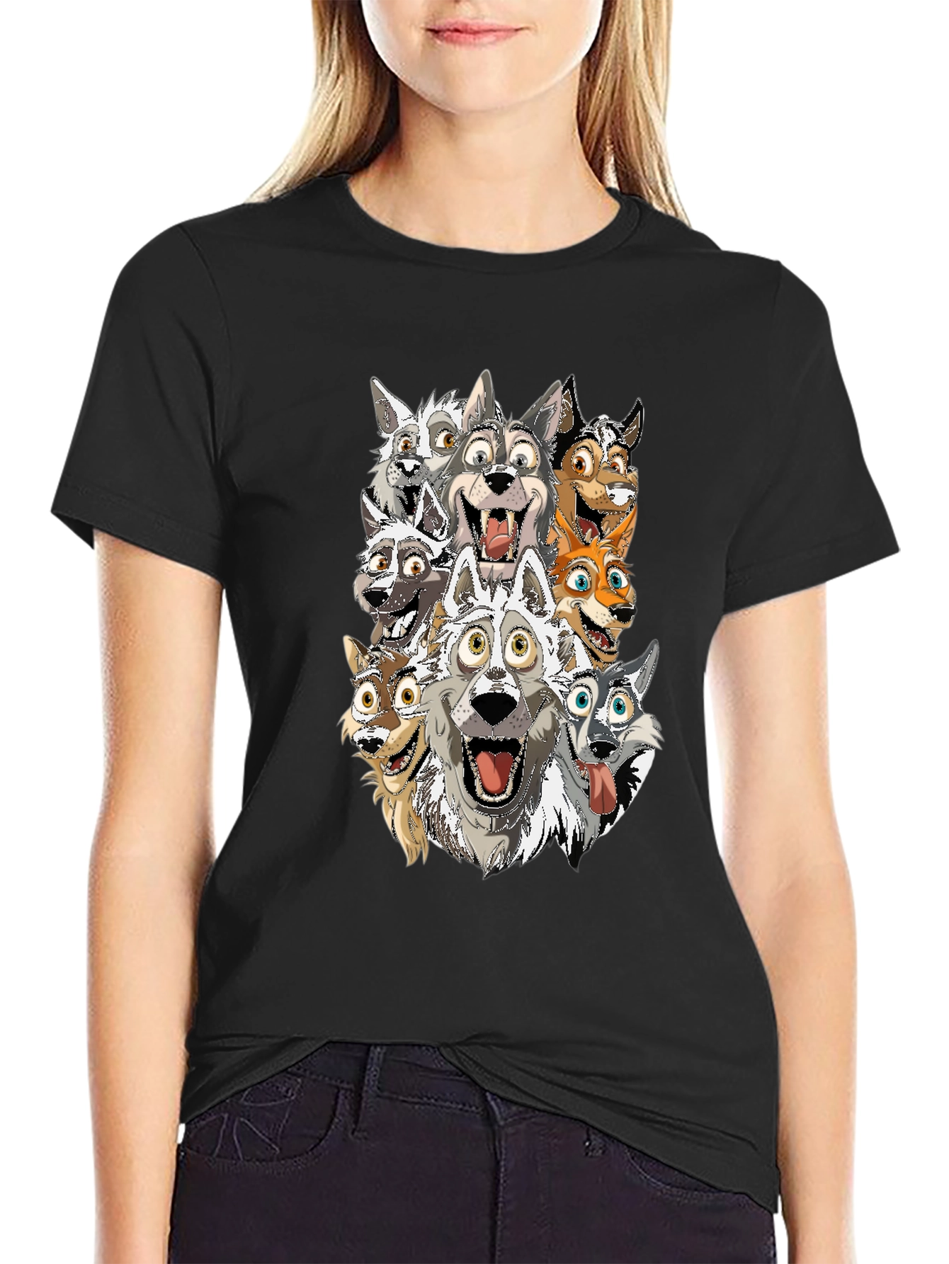 Cartoon Wolf Pack T-Shirt - Black Cotton Tee