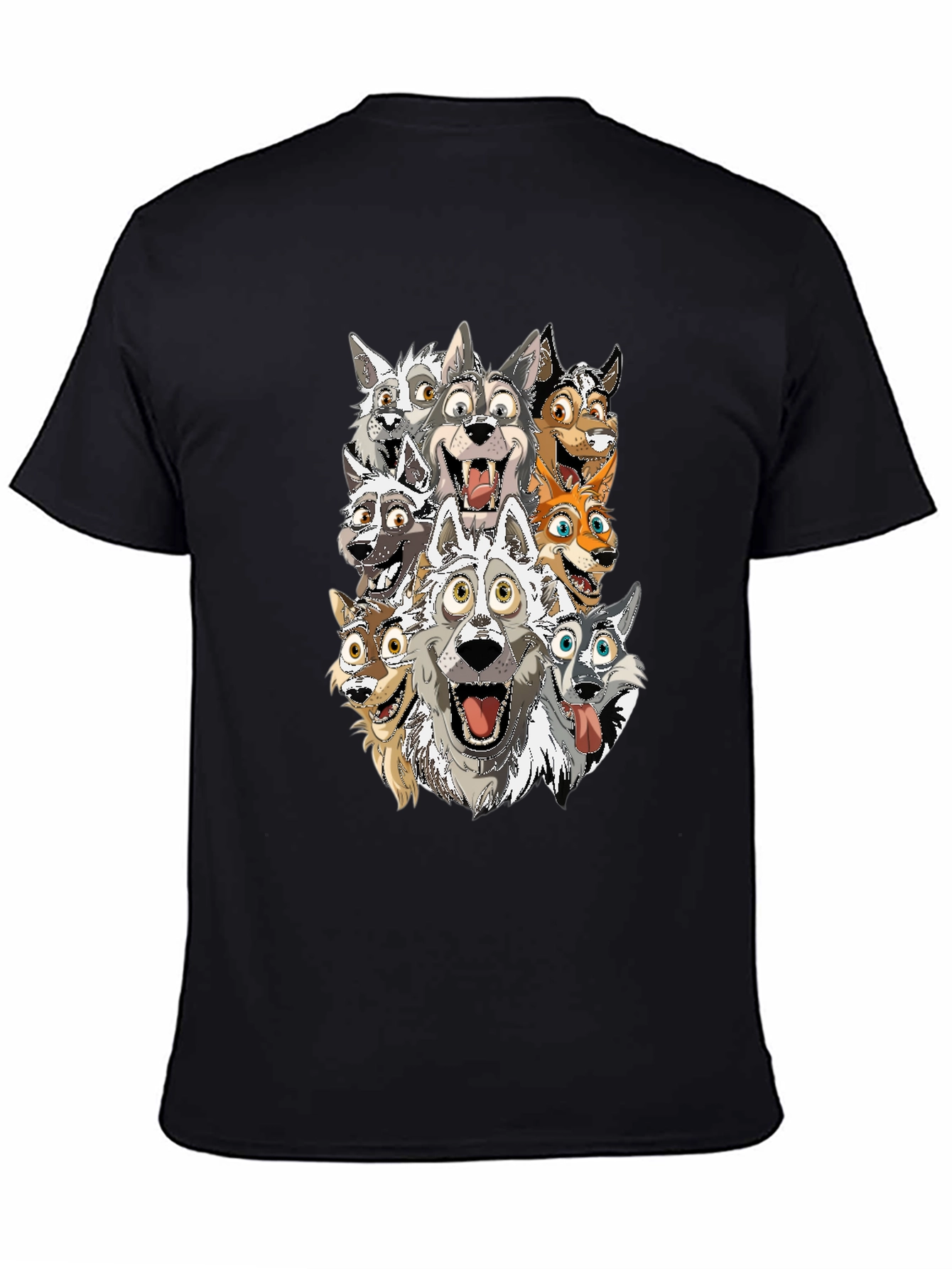 Cartoon Wolf Pack T-Shirt - Black Cotton Tee