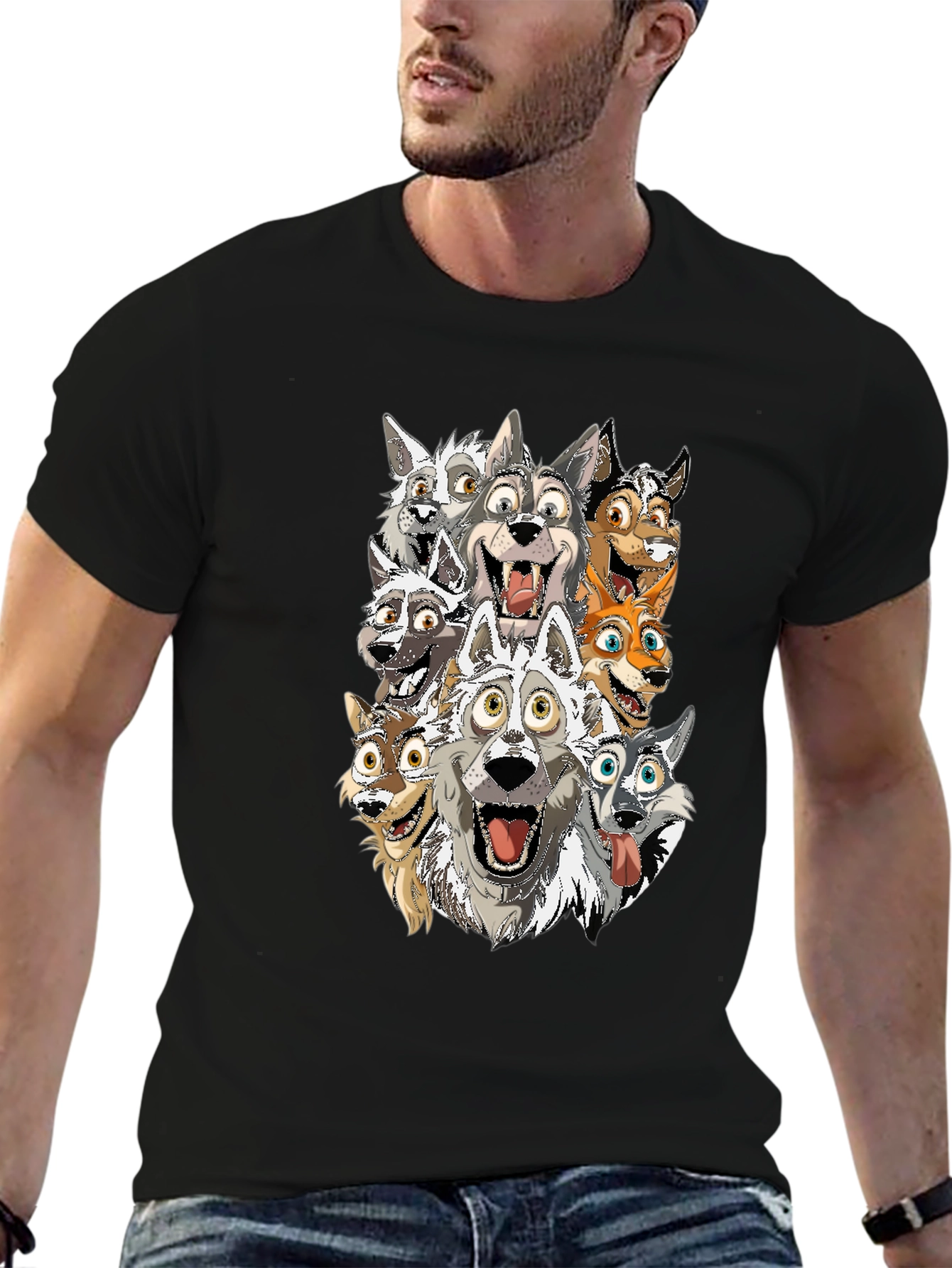 Cartoon Wolf Pack T-Shirt - Black Cotton Tee