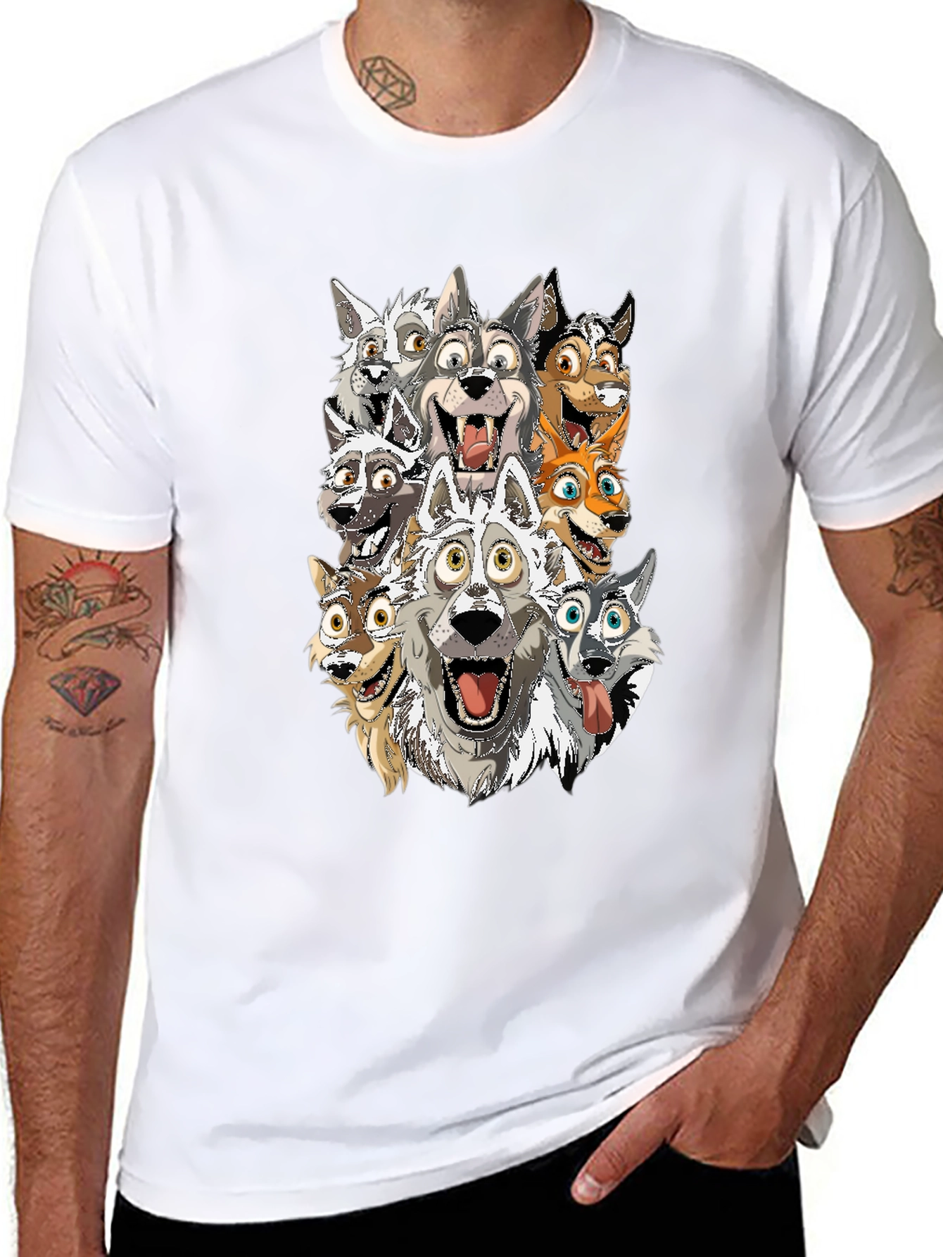 Cartoon Wolf Pack T-Shirt - Black Cotton Tee