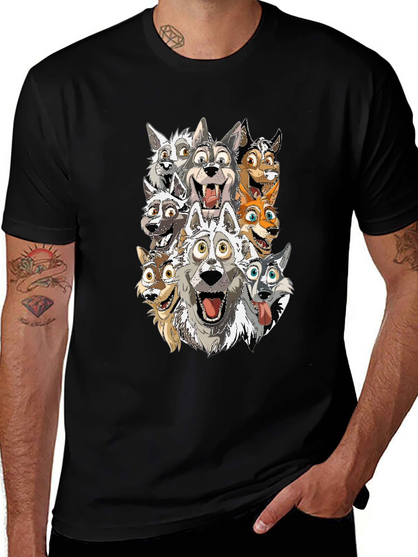 Cartoon Wolf Pack T-Shirt - Black Cotton Tee