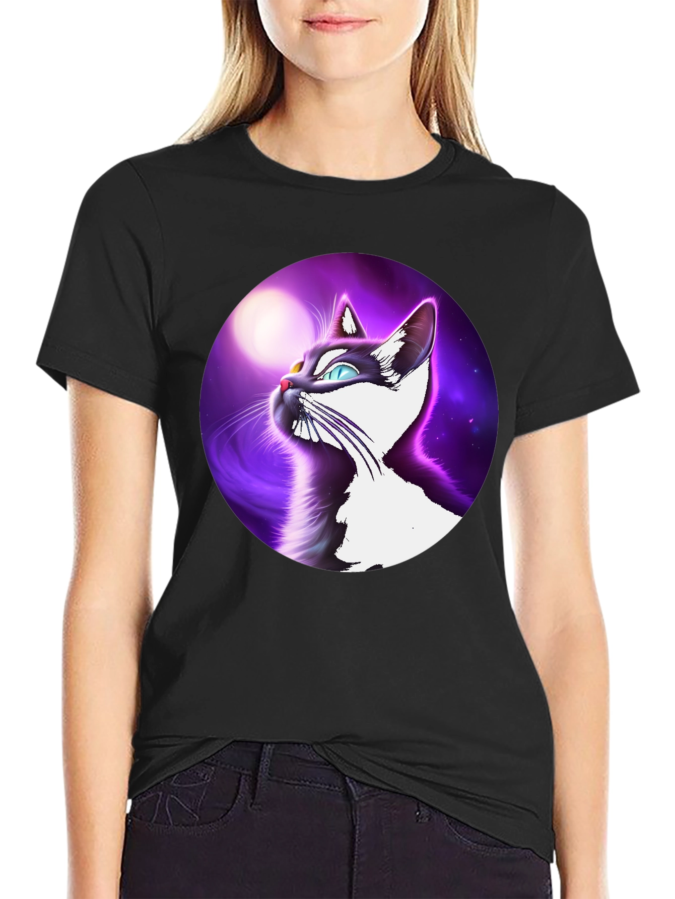 Cosmic Cat T-Shirt - Black Cotton Blend Tee