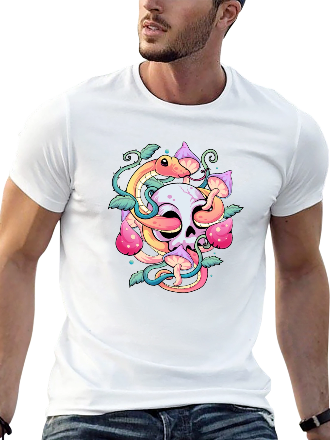 Skull Snake Mushroom Graphic Tee - Black