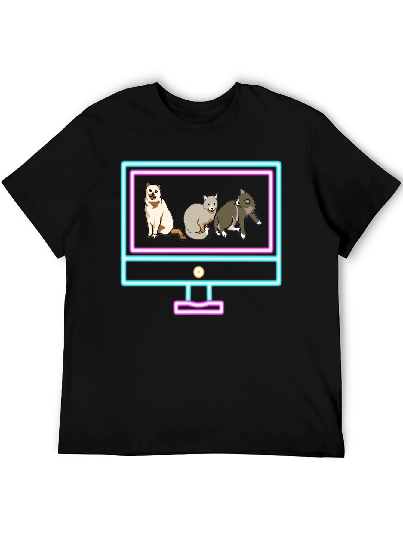 Cats on Neon TV Black T-Shirt