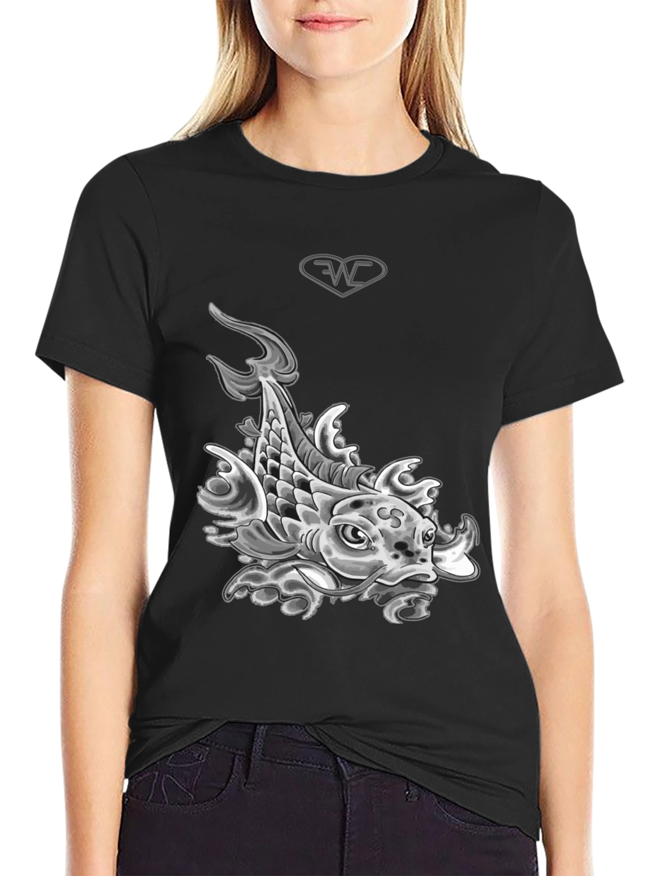 Koi Fish Graphic T-Shirt - Black Cotton Blend Tee