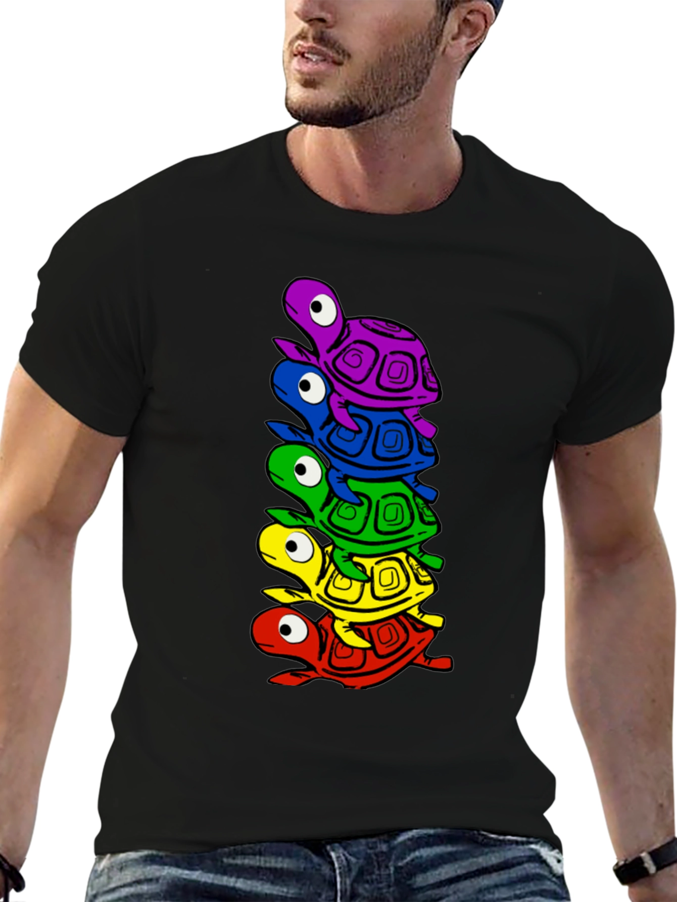 Stacked Turtle Graphic Tee - Black Crew Neck T-Shirt