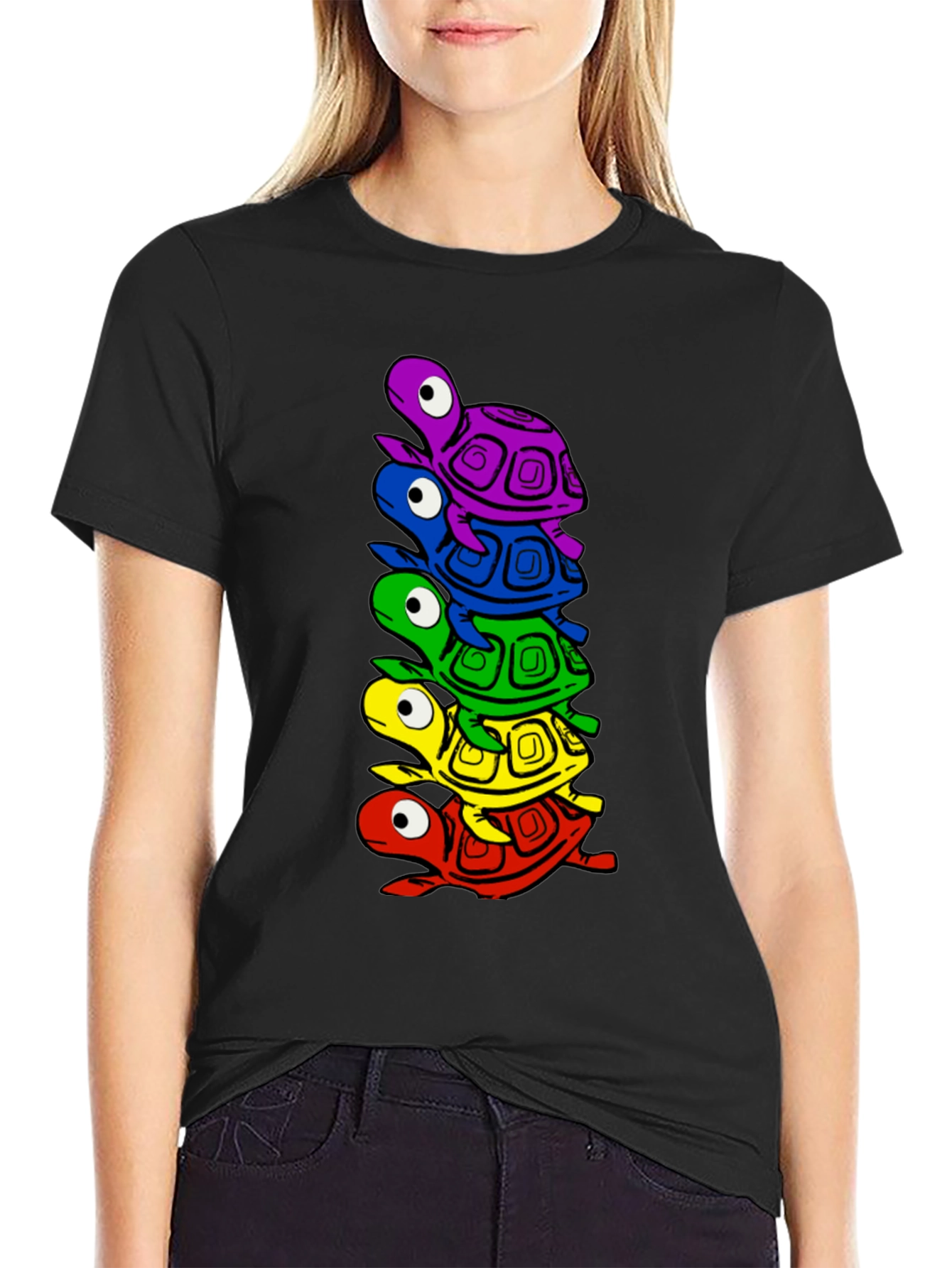 Stacked Turtle Graphic Tee - Black Crew Neck T-Shirt