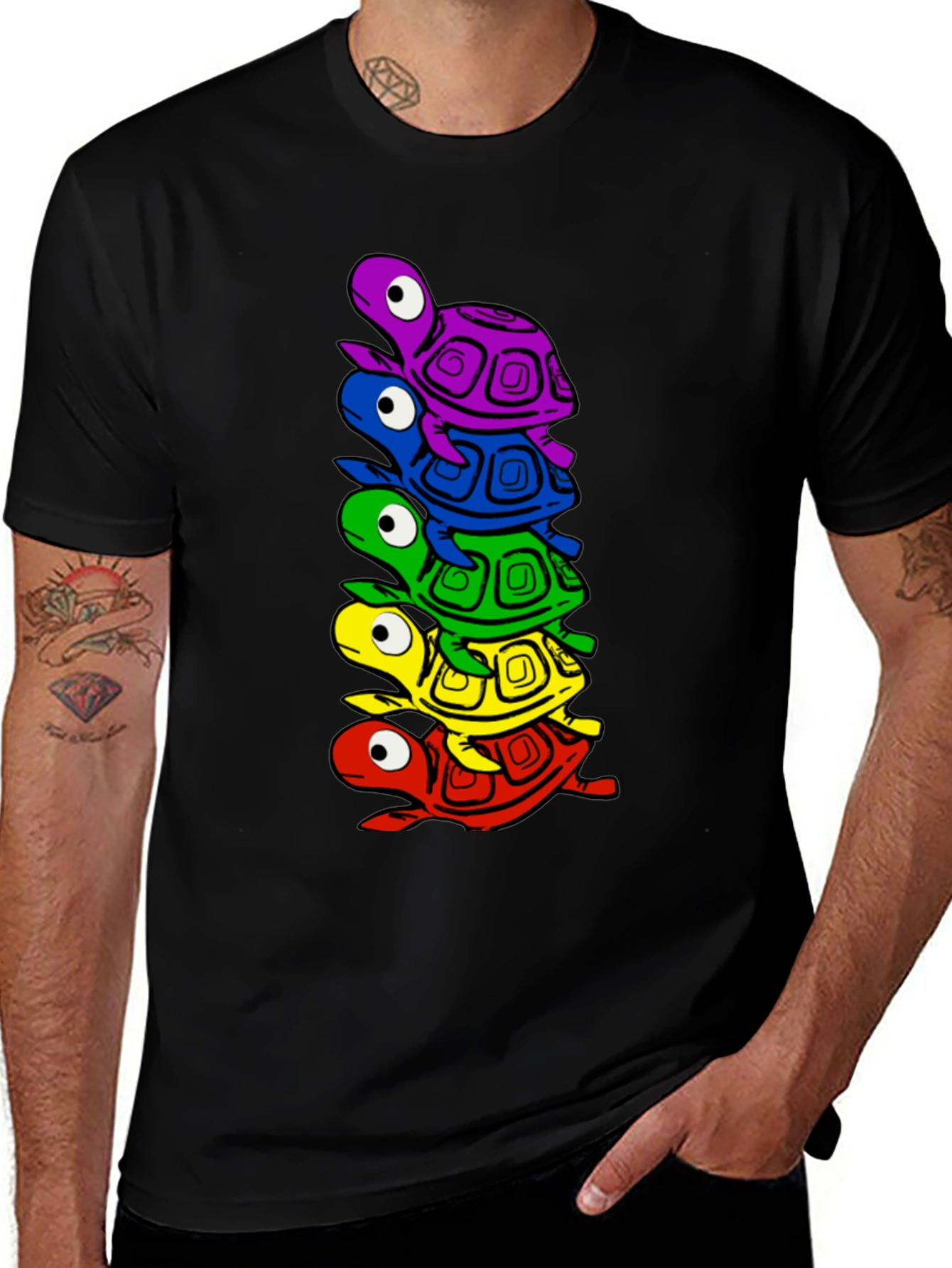 Stacked Turtle Graphic Tee - Black Crew Neck T-Shirt