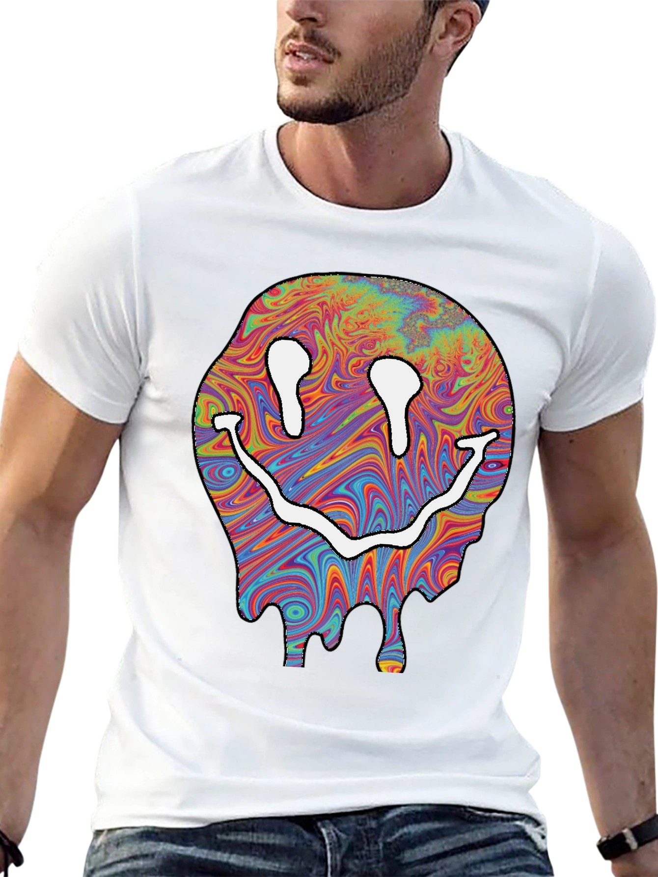 Trippy Smiley Face Graphic T-Shirt - Black