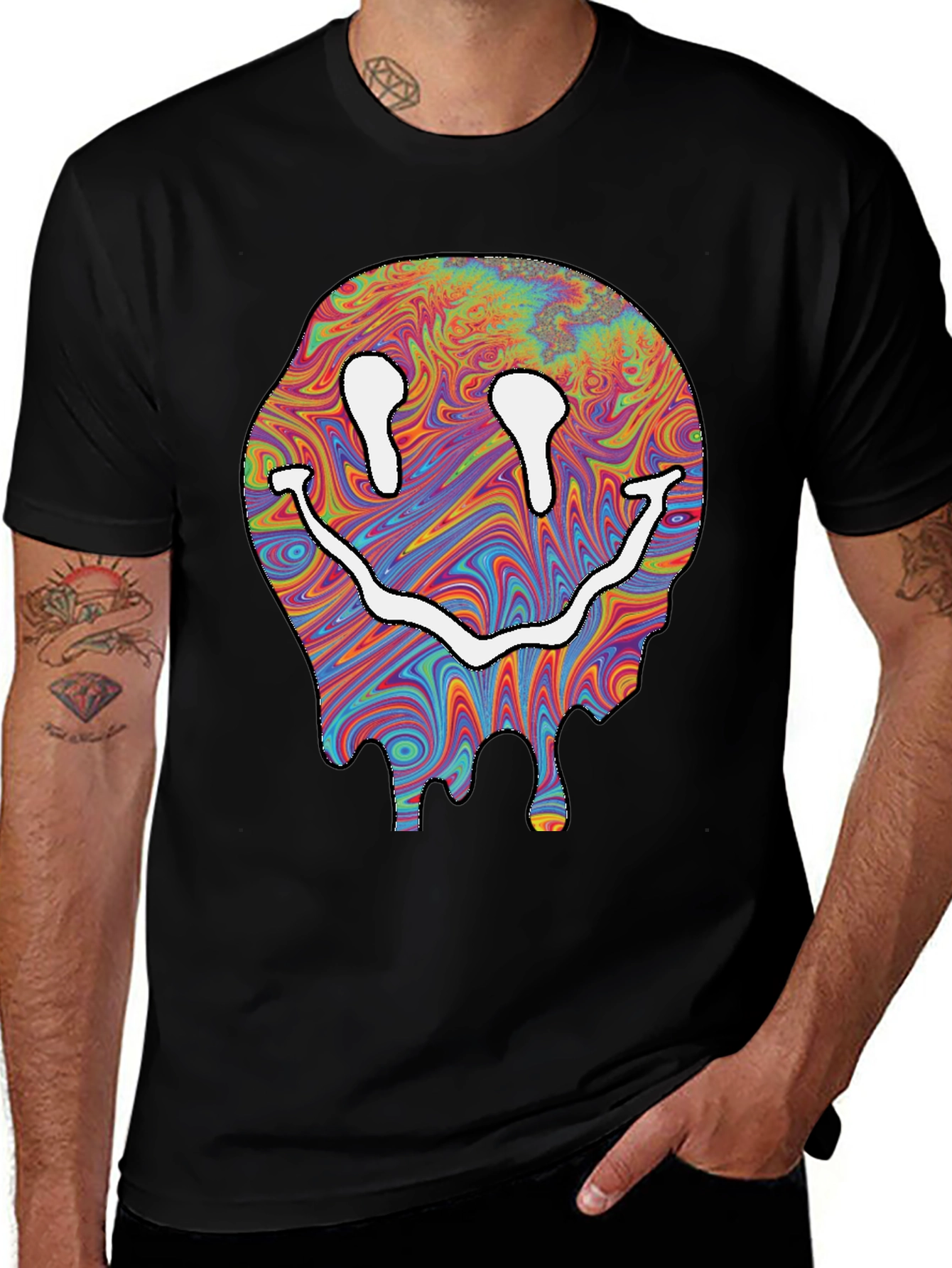 Trippy Smiley Face Graphic T-Shirt - Black