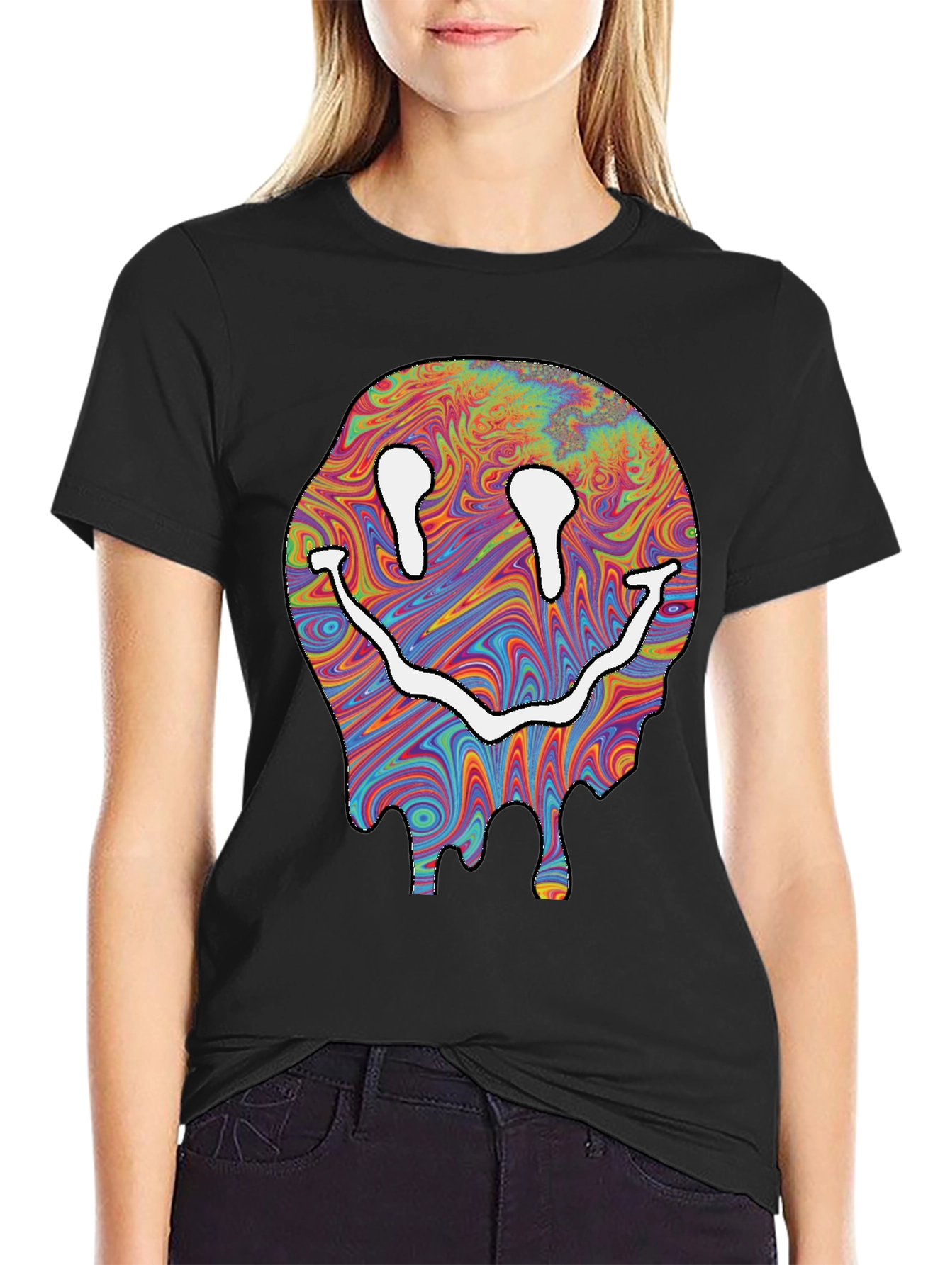 Trippy Smiley Face Graphic T-Shirt - Black