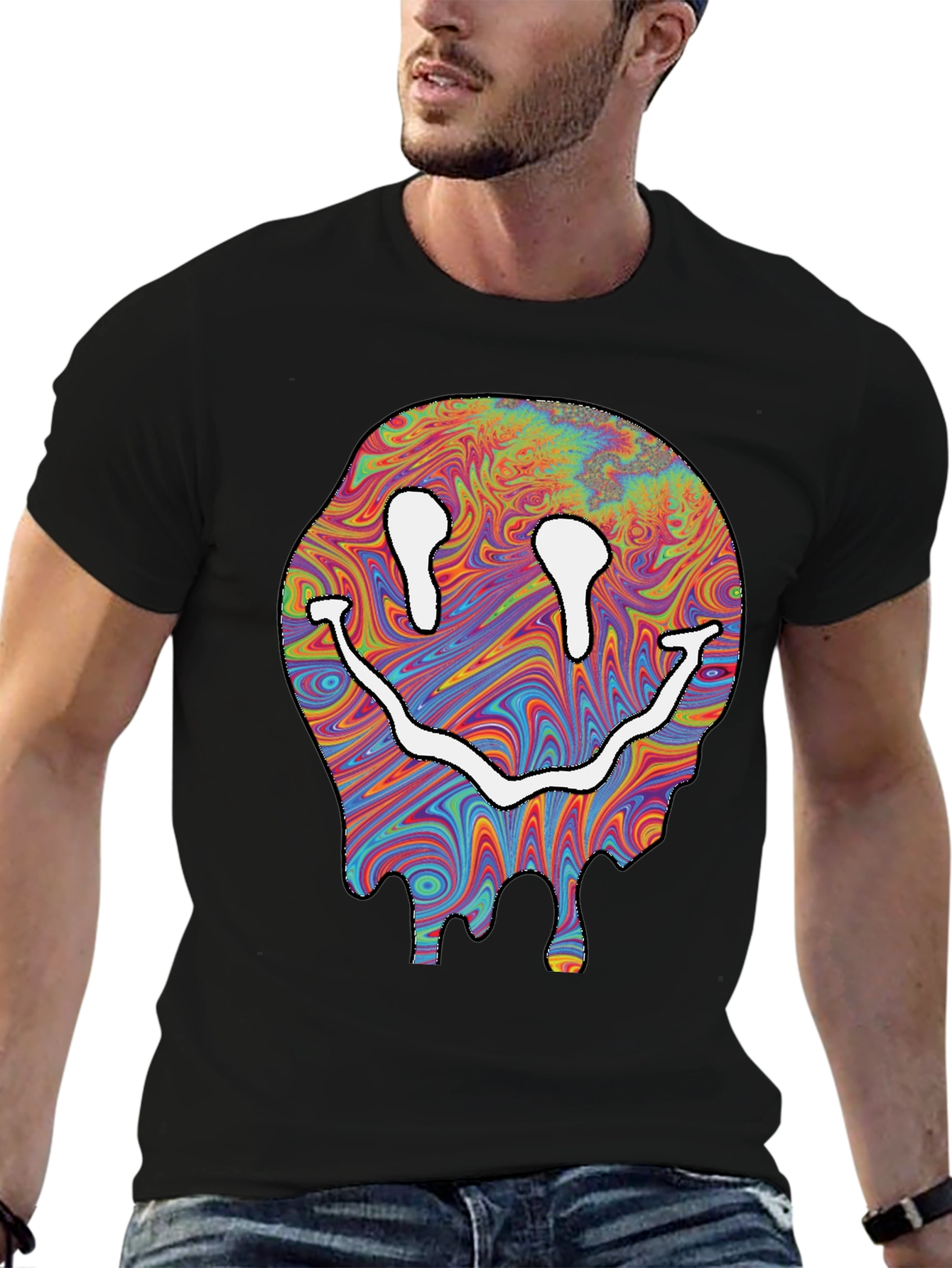 Trippy Smiley Face Graphic T-Shirt - Black