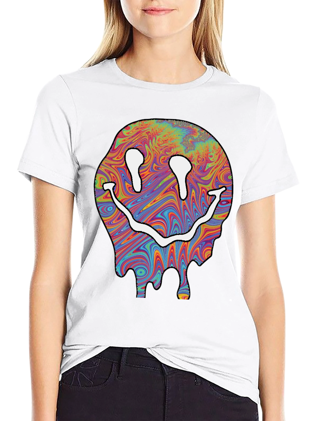 Trippy Smiley Face Graphic T-Shirt - Black
