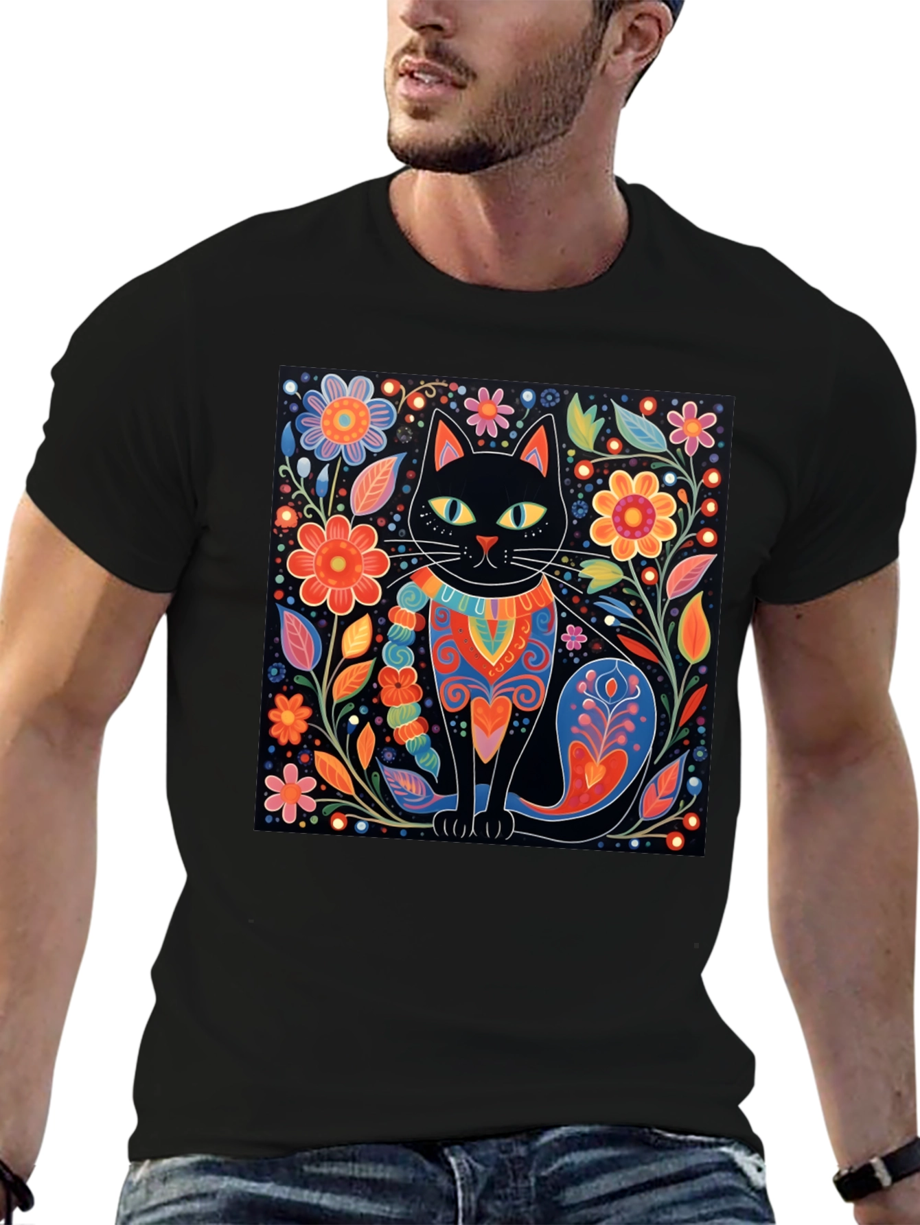 Black Cat & Floral Graphic Tee