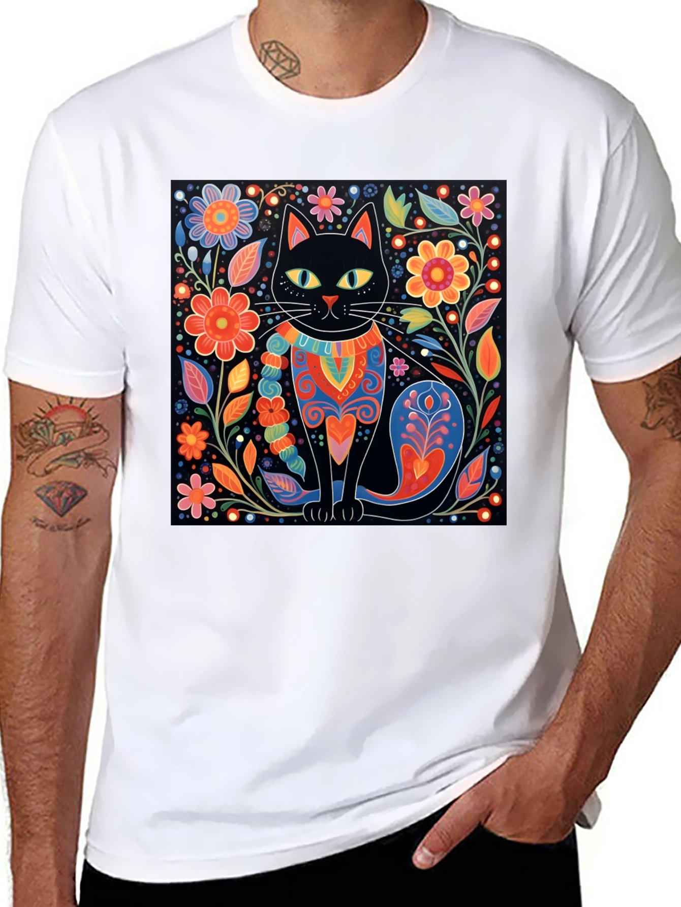 Black Cat & Floral Graphic Tee