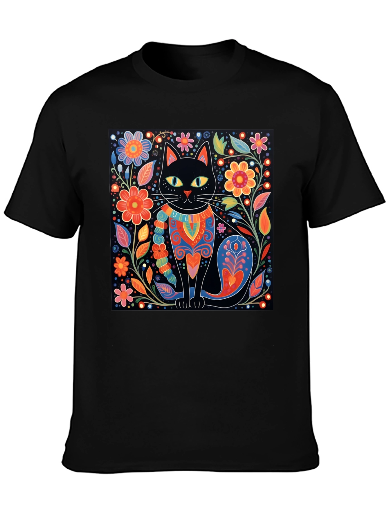 Black Cat & Floral Graphic Tee