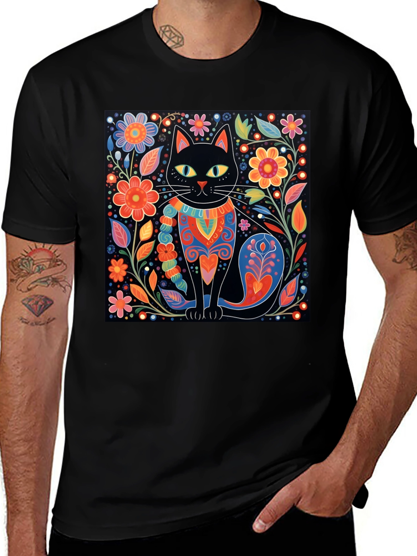 Black Cat & Floral Graphic Tee