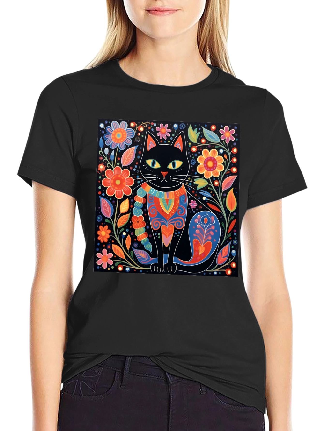 Black Cat & Floral Graphic Tee