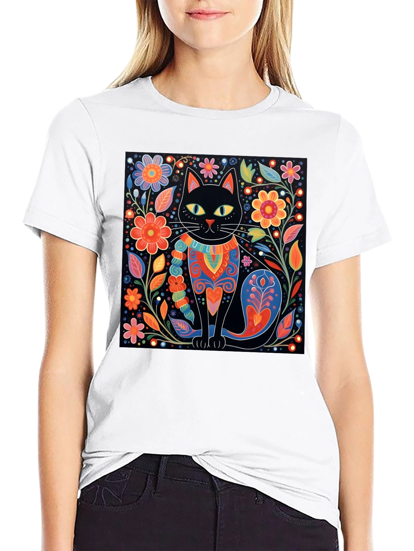 Black Cat & Floral Graphic Tee