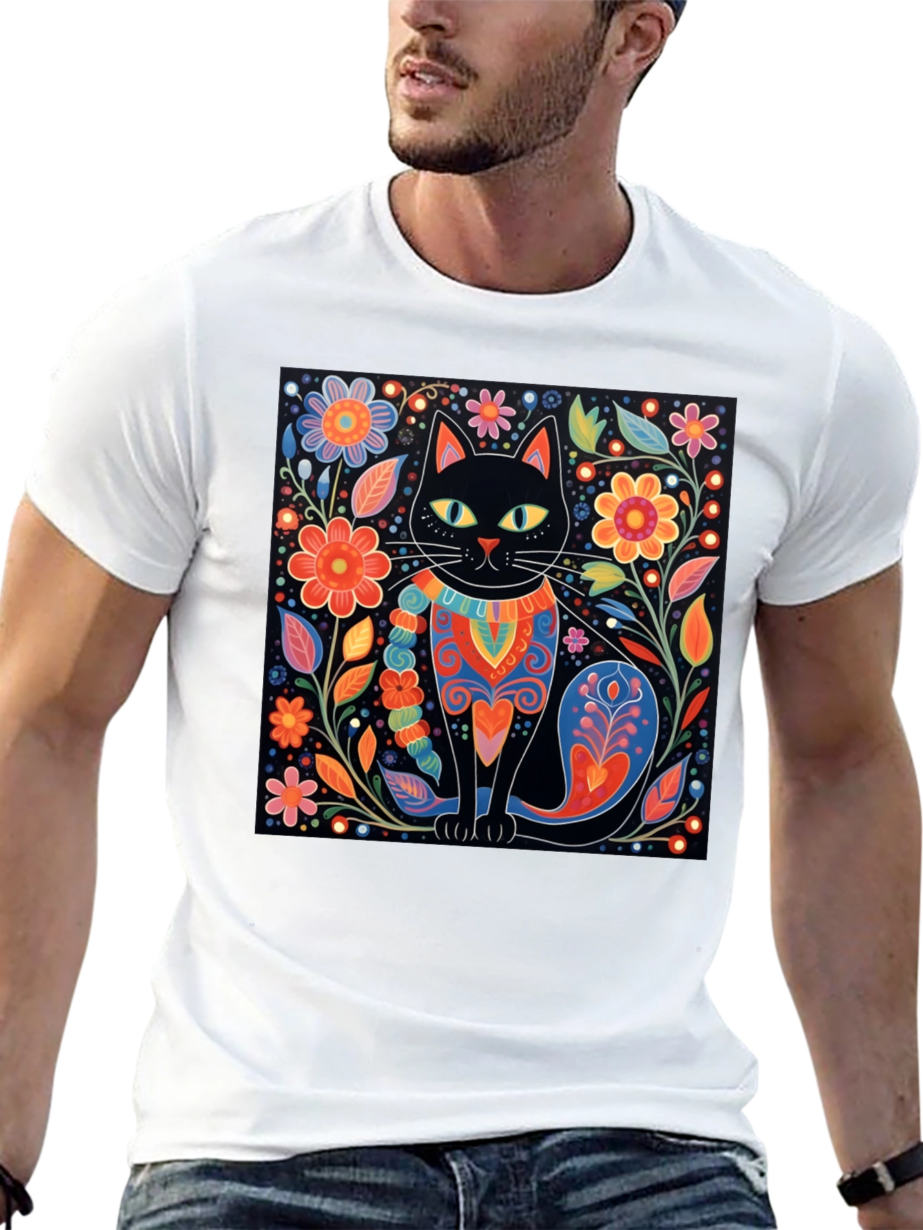 Black Cat & Floral Graphic Tee