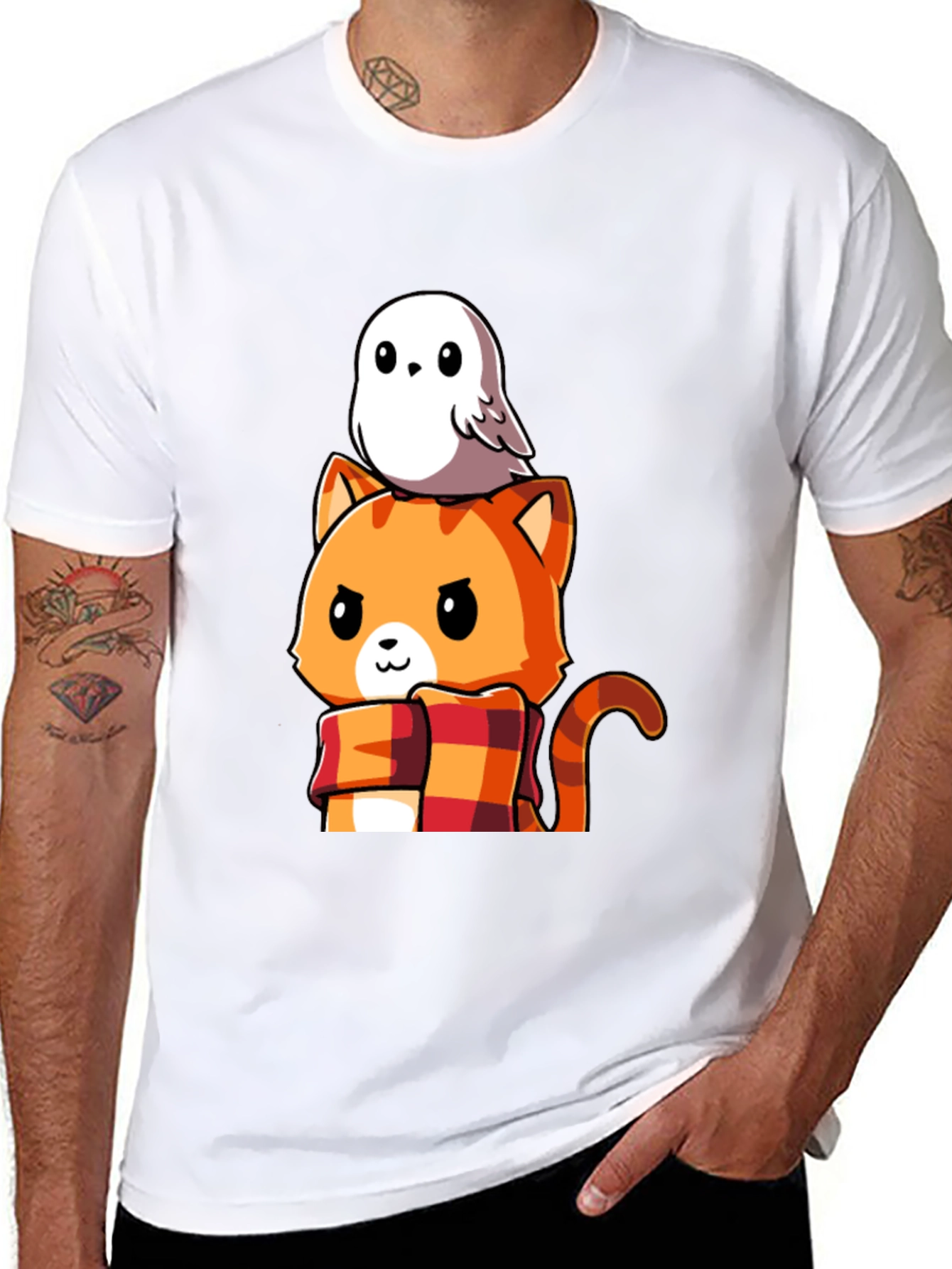 Cat & Owl Cartoon Graphic Tee